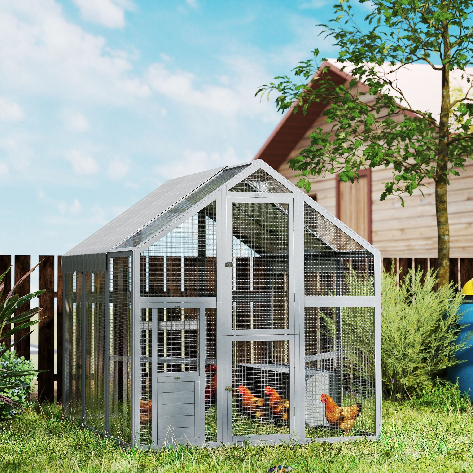 PawHut Large Chicken Run, Wooden Chicken Coop with Waterproof & Anti-UV Cover, Split Door, 2 Nesting Boxes, 2 Roosting Bars, Walk-in Chicken Pen for 6-8 Chickens, for Backyard, Farm, 5.5' x 6' x 6'