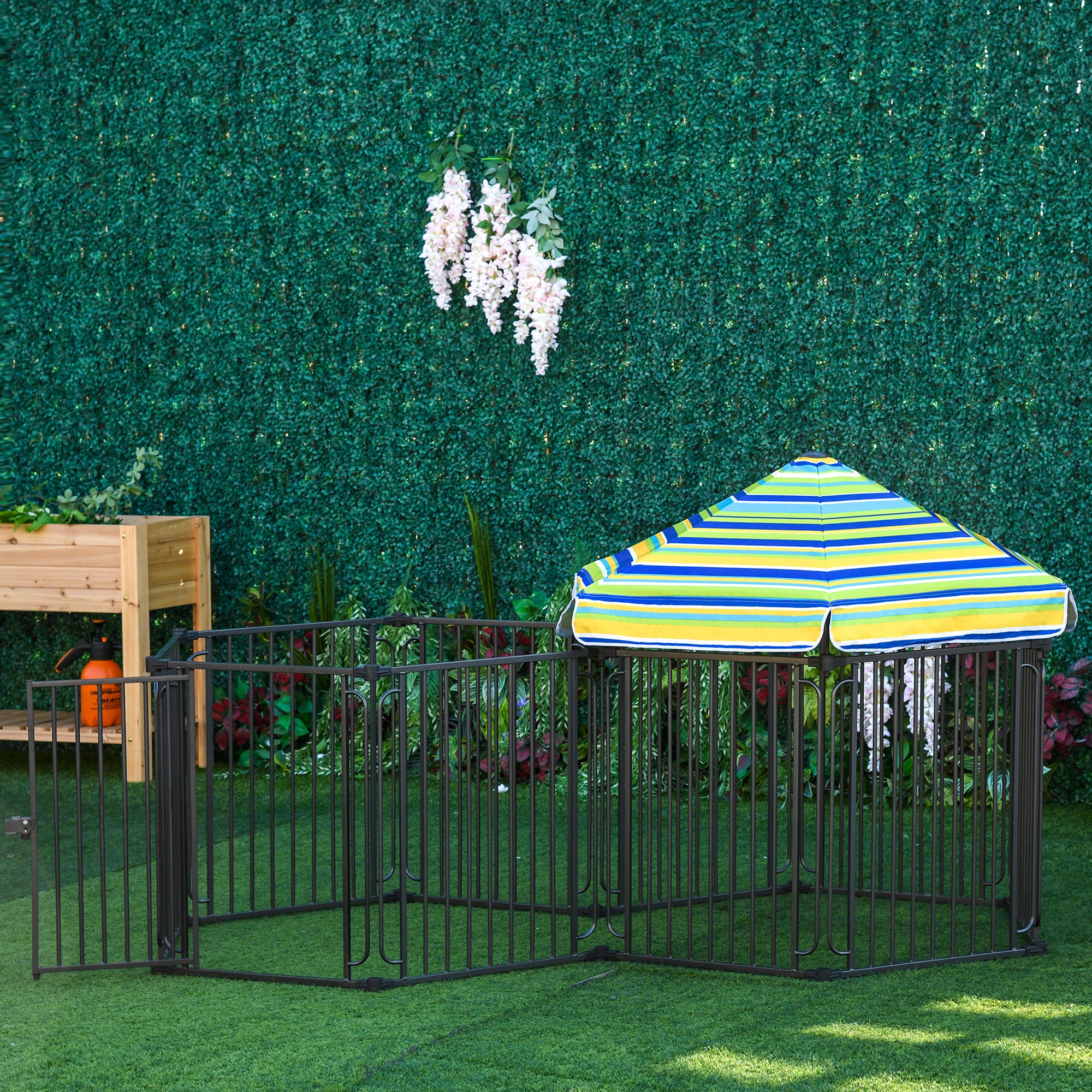 PawHut Heavy-Duty Metal Dog Playpen, Outdoor Pet Cage Kennel, Indoor Puppy Exercise Fence Barrier with Weather-Resistant Polyester Roof, Locking Door, 83"L x 48"W x 47"H
