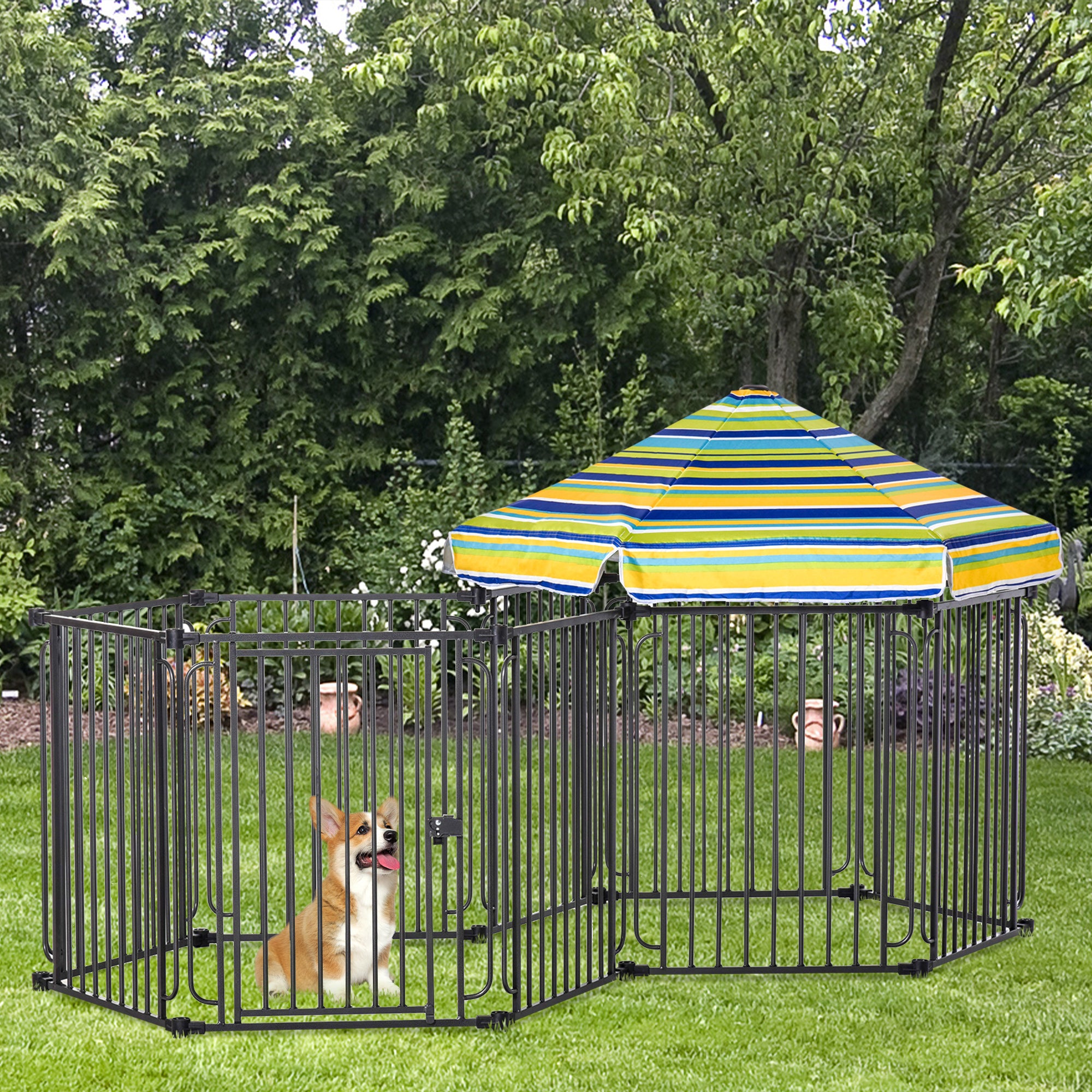 PawHut Heavy-Duty Metal Dog Playpen, Outdoor Pet Cage Kennel, Indoor Puppy Exercise Fence Barrier with Weather-Resistant Polyester Roof, Locking Door, 83"L x 48"W x 47"H