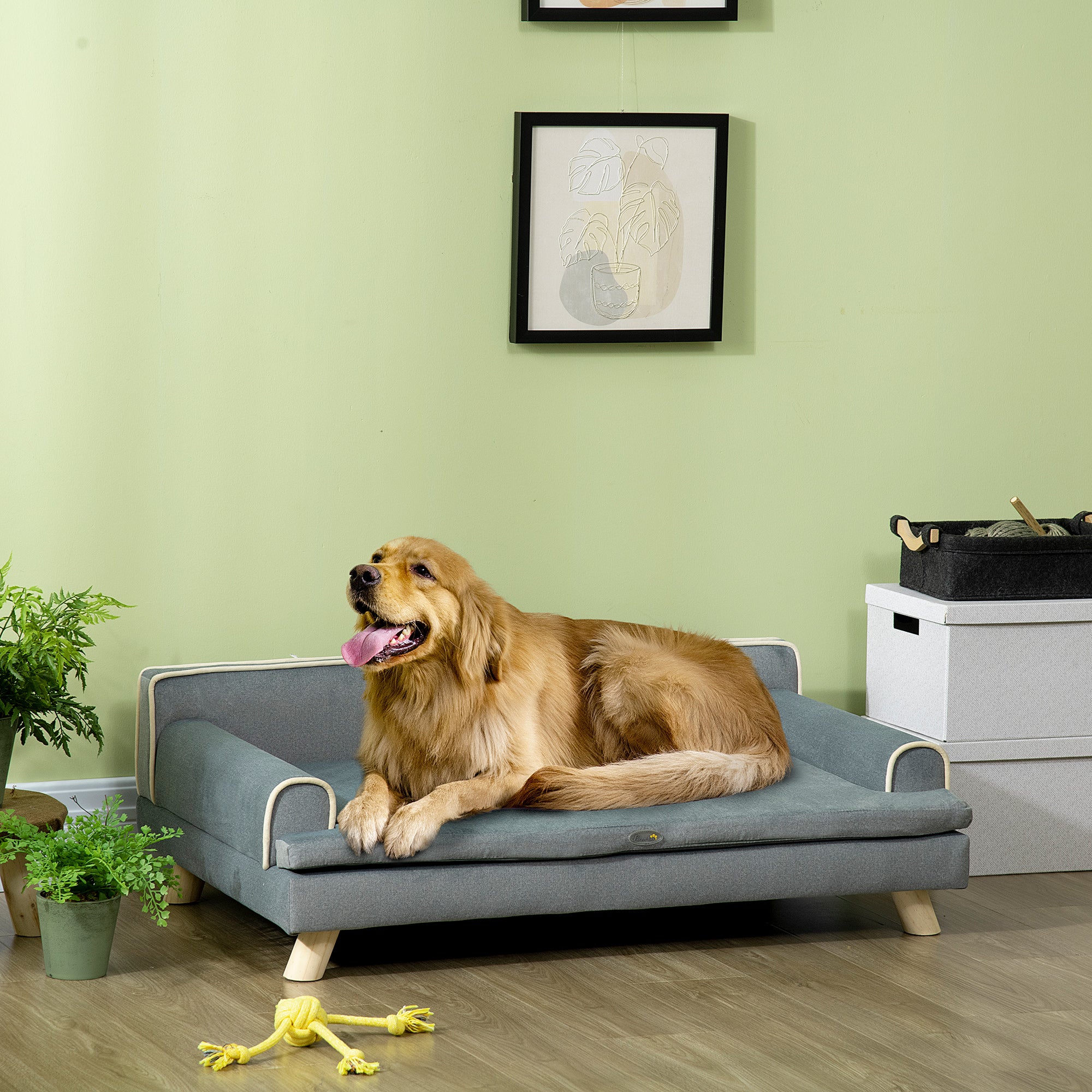 PawHut Dog Sofa, Large Dog Couch with Washable Cover, Wooden Legs, Foam Pet Sofa, Elevated Fancy Dog Bed for Medium & Large Dogs, Gray