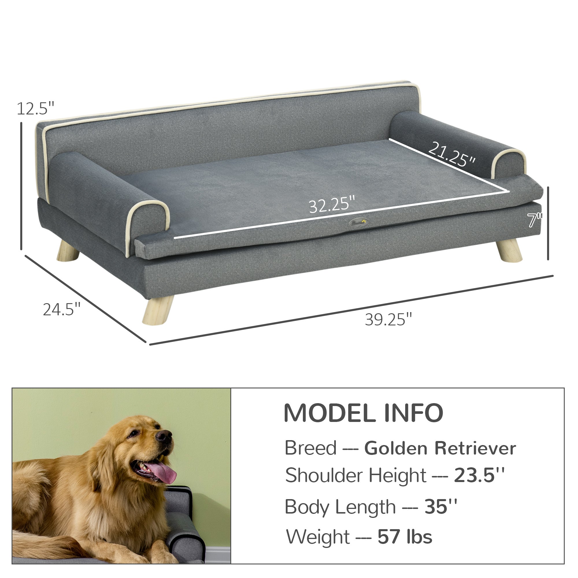 PawHut Dog Sofa, Large Dog Couch with Washable Cover, Wooden Legs, Foam Pet Sofa, Elevated Fancy Dog Bed for Medium & Large Dogs, Gray