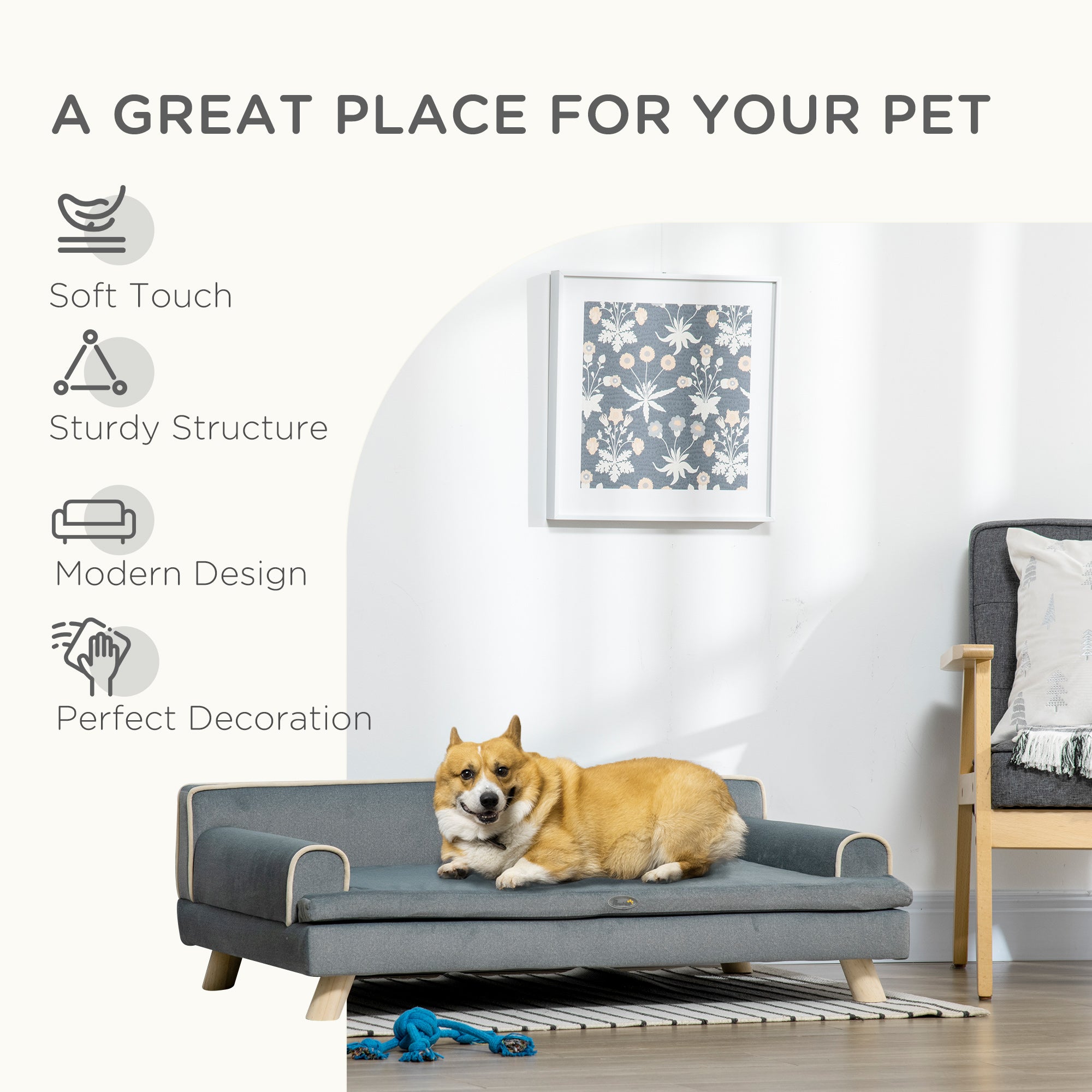 PawHut Dog Sofa, Large Dog Couch with Washable Cover, Wooden Legs, Foam Pet Sofa, Elevated Fancy Dog Bed for Medium & Large Dogs, Gray