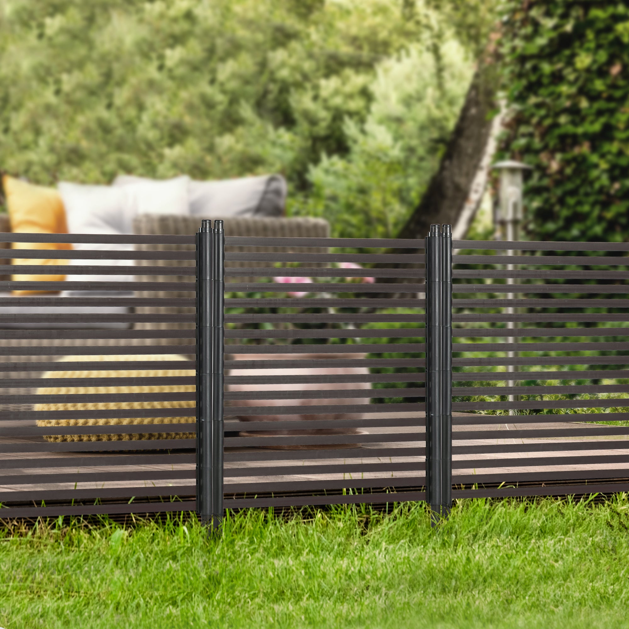 Outsunny Picket Metal Garden Fence for Hard & Soft Ground, 4 ft(H) Standing Outdoor Fencing with Feet, Animal Barrier Flower Bed Landscape Edging, Brown