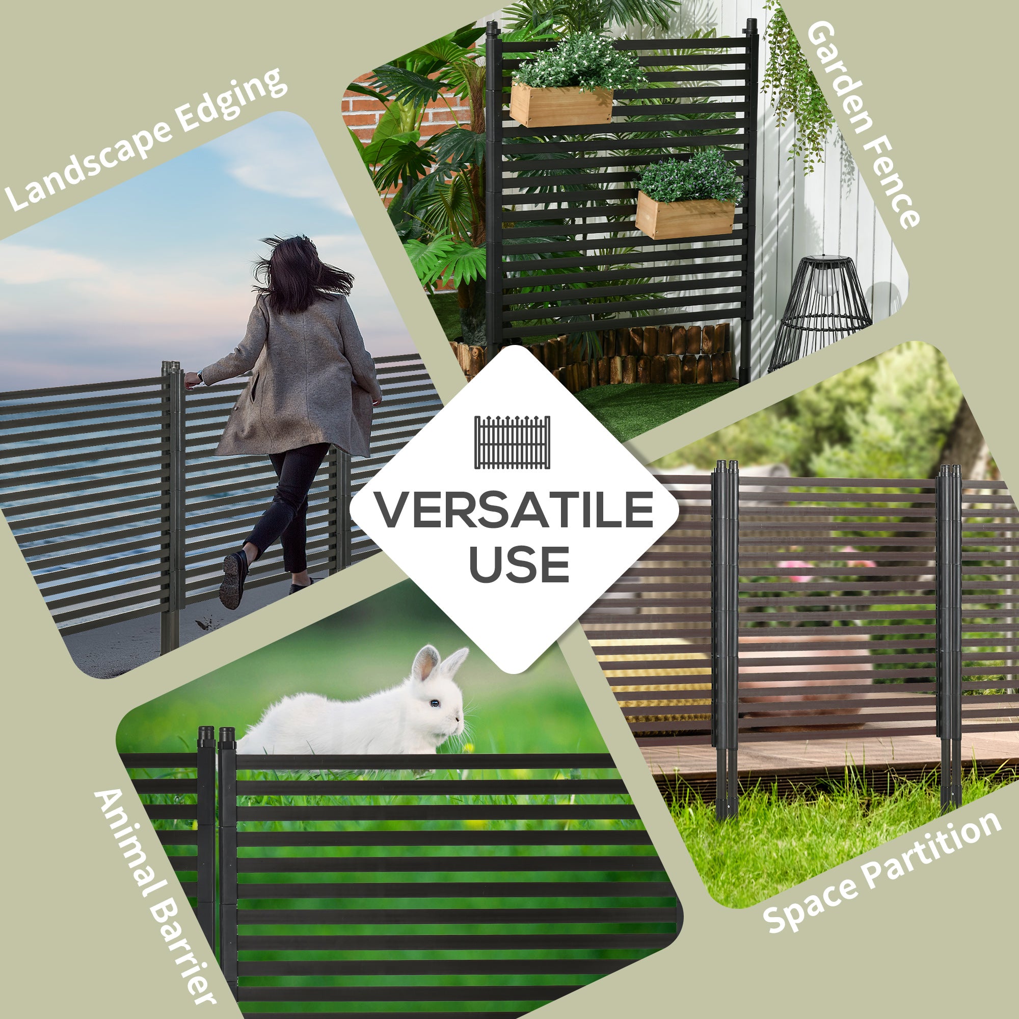 Outsunny Picket Metal Garden Fence for Hard & Soft Ground, 4 ft(H) Standing Outdoor Fencing with Feet, Animal Barrier Flower Bed Landscape Edging, Brown