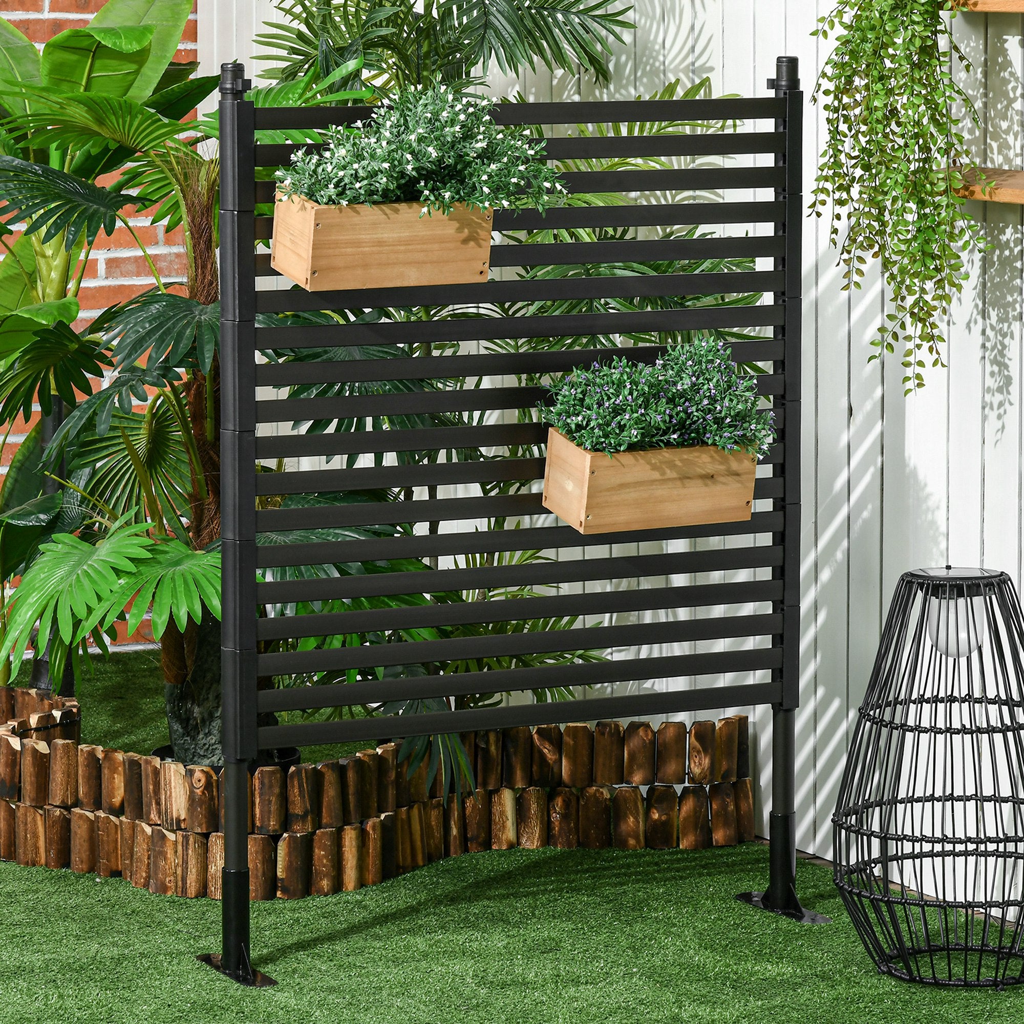 Outsunny Picket Metal Garden Fence for Hard & Soft Ground, 4 ft(H) Standing Outdoor Fencing with Feet, Animal Barrier Flower Bed Landscape Edging, Brown