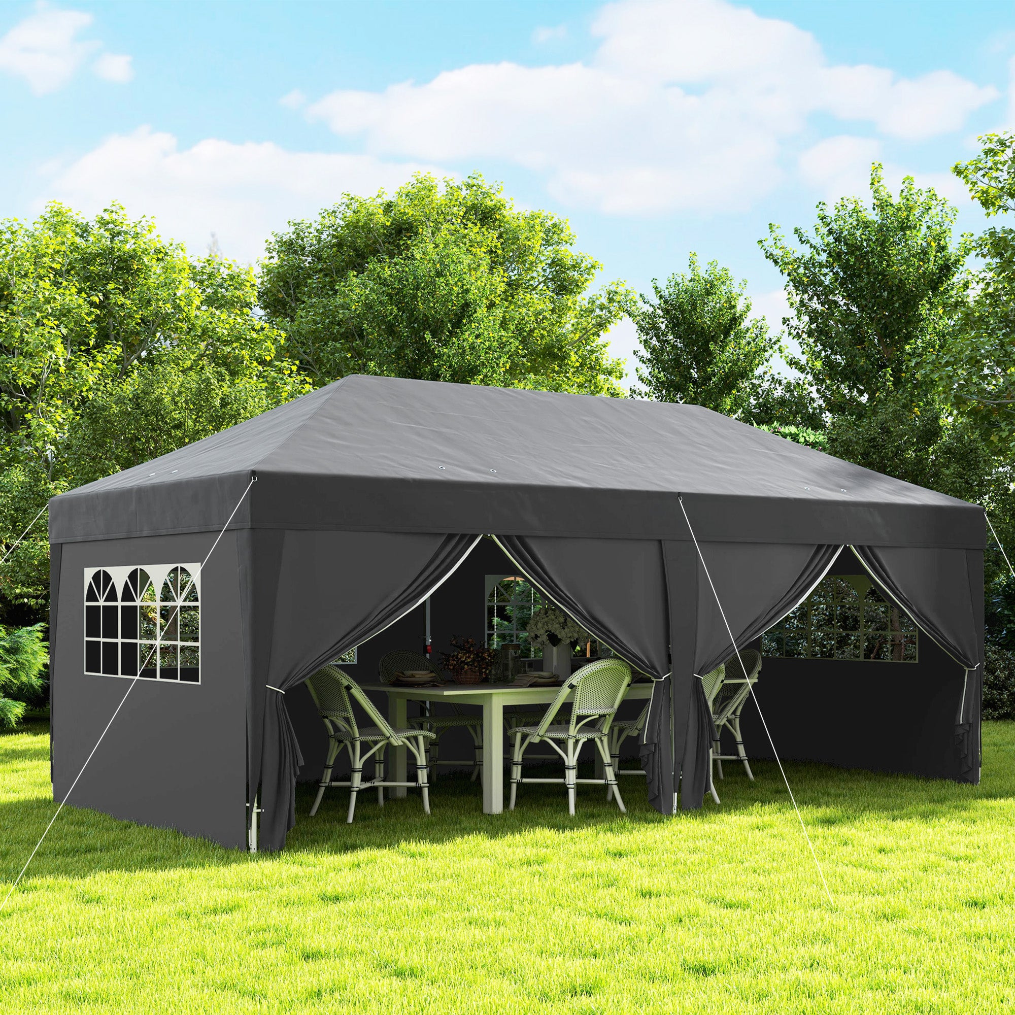 Outsunny 10' x 20' Pop Up Canopy with 6 Walls, Outdoor Easy Up Canopy Party Tent with Steel Frame, Drainage Holes, Instant Garden Shade Shelter with Carrying Bag, Black