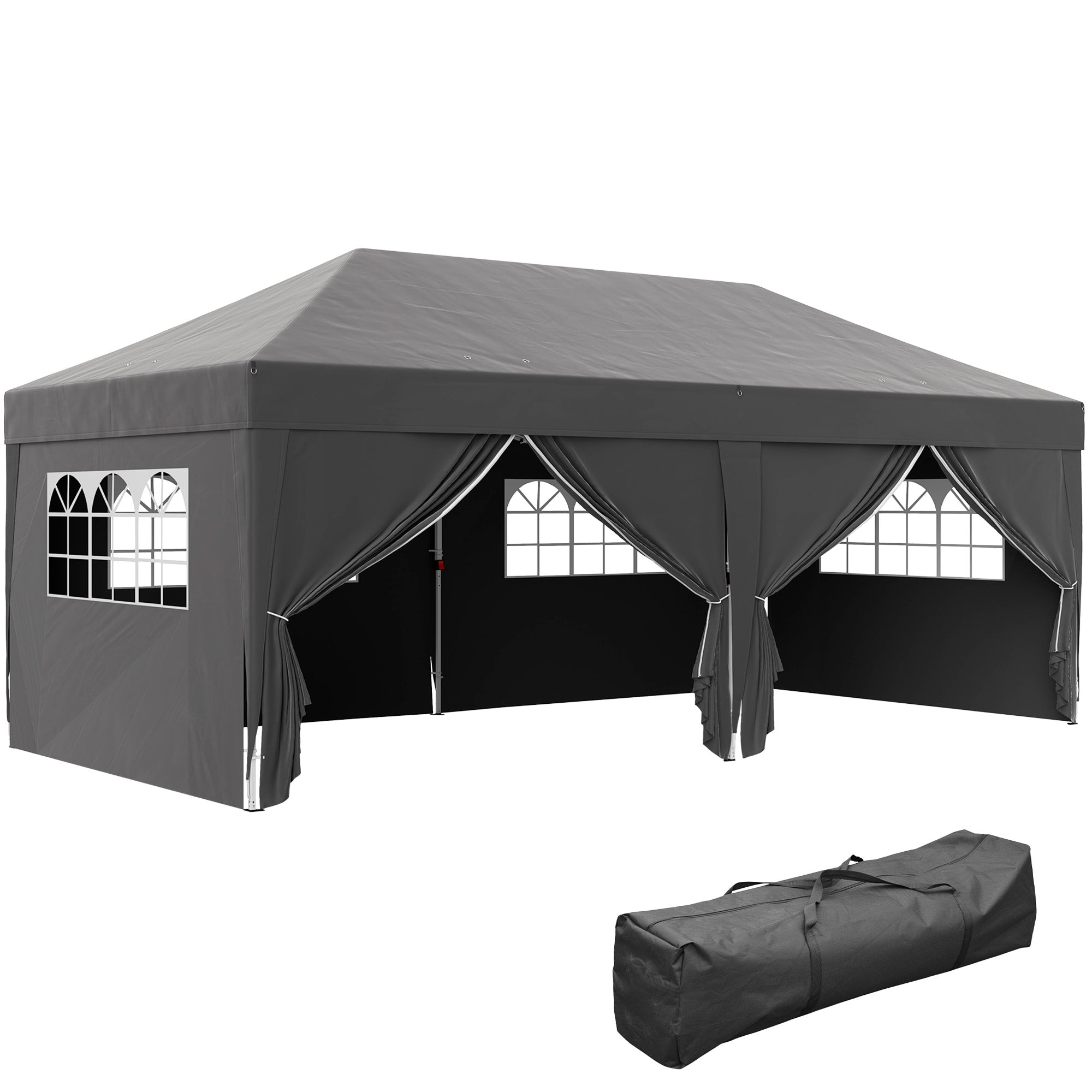 Outsunny 10' x 20' Pop Up Canopy with 6 Walls, Outdoor Easy Up Canopy Party Tent with Steel Frame, Drainage Holes, Instant Garden Shade Shelter with Carrying Bag, Black