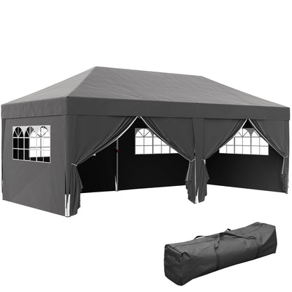 Outsunny 10' x 20' Pop Up Canopy with 6 Walls, Outdoor Easy Up Canopy Party Tent with Steel Frame, Drainage Holes, Instant Garden Shade Shelter with Carrying Bag, Black