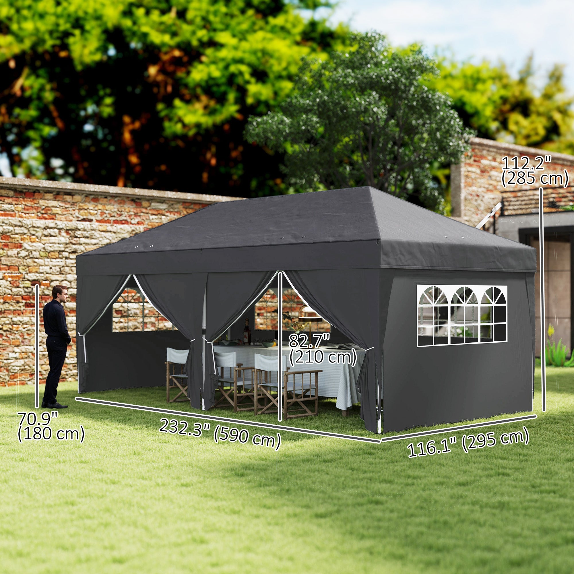 Outsunny 10' x 20' Pop Up Canopy with 6 Walls, Outdoor Easy Up Canopy Party Tent with Steel Frame, Drainage Holes, Instant Garden Shade Shelter with Carrying Bag, Black