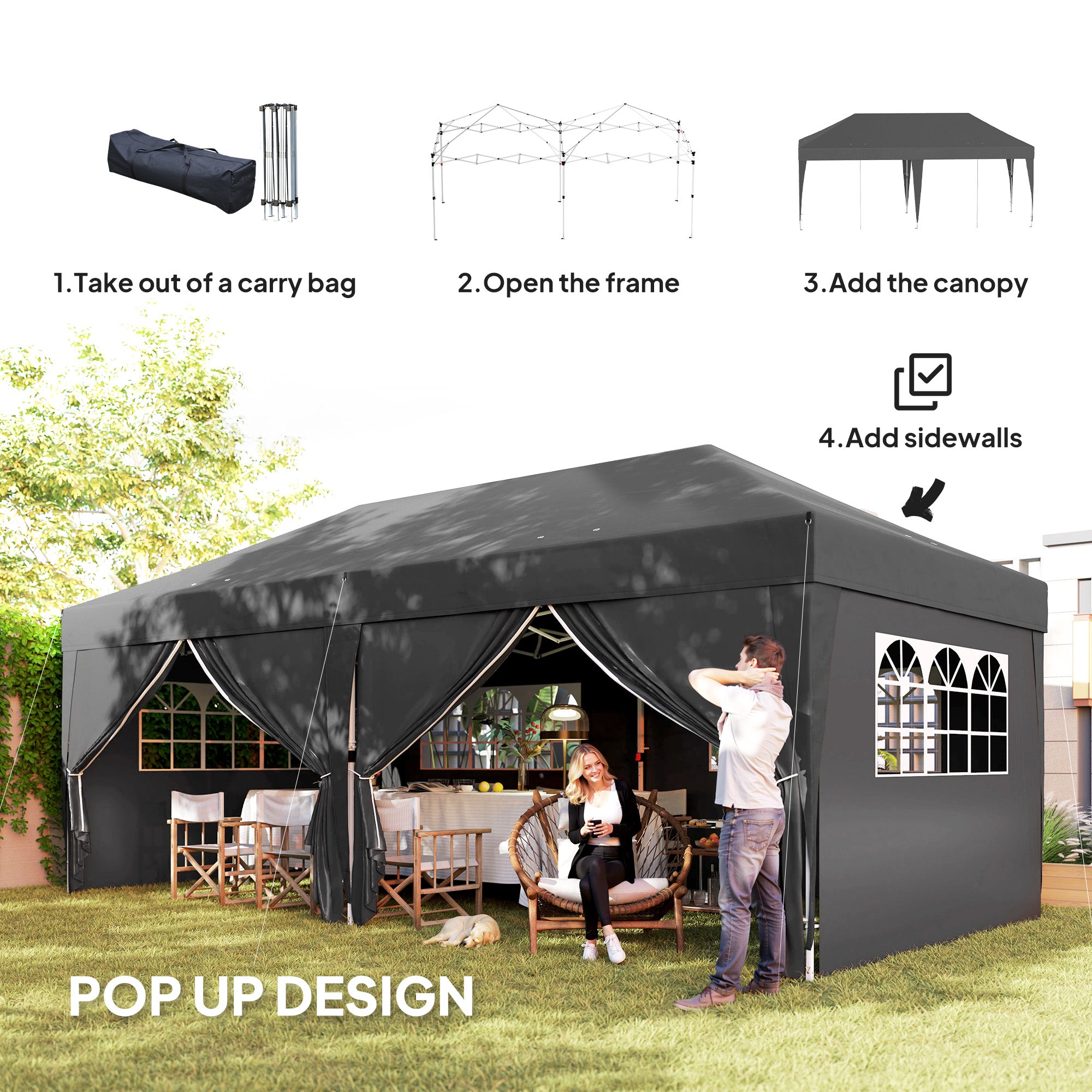 Outsunny 10' x 20' Pop Up Canopy with 6 Walls, Outdoor Easy Up Canopy Party Tent with Steel Frame, Drainage Holes, Instant Garden Shade Shelter with Carrying Bag, Black