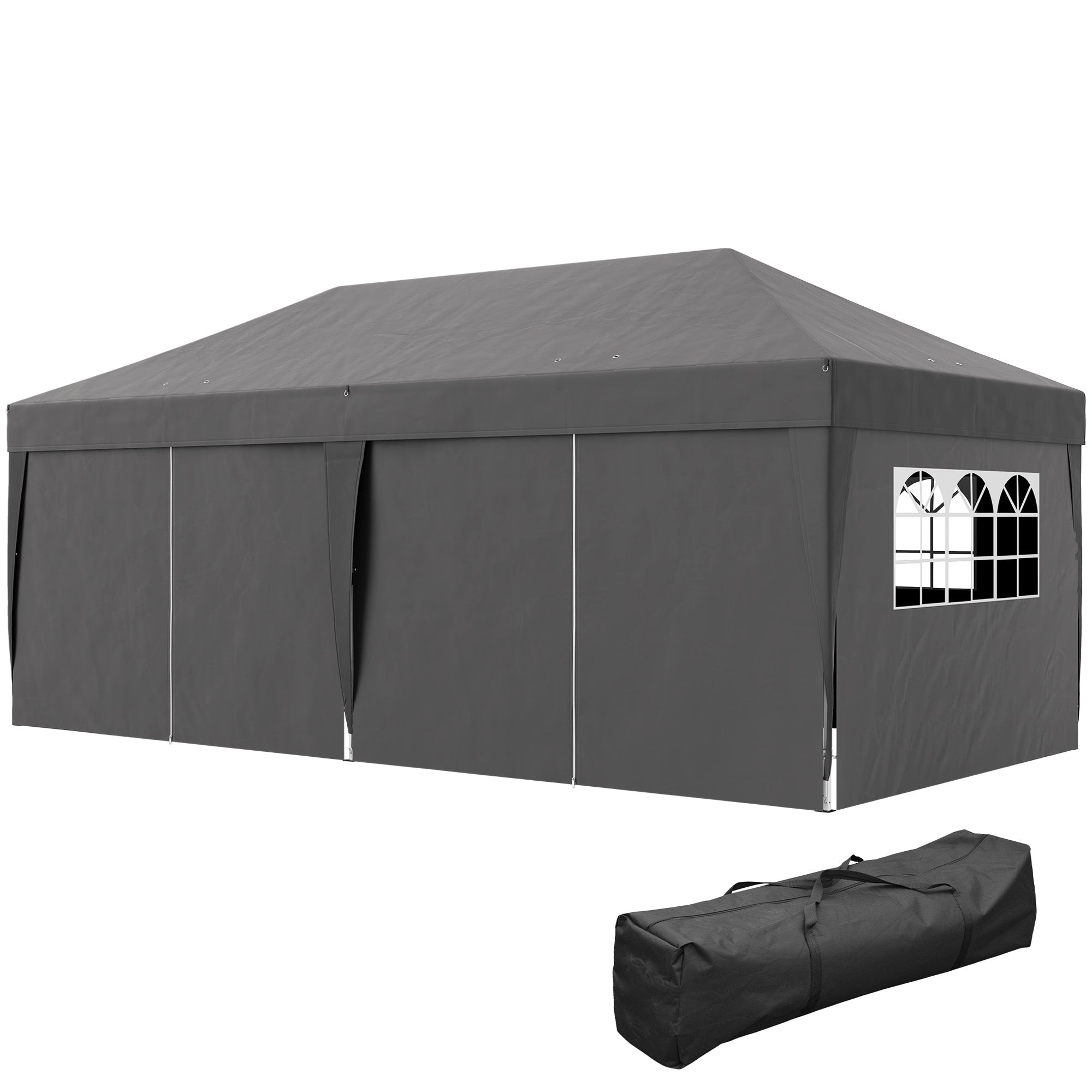 Outsunny 10' x 20' Pop Up Canopy with 6 Walls, Outdoor Easy Up Canopy Party Tent with Steel Frame, Drainage Holes, Instant Garden Shade Shelter with Carrying Bag, Black