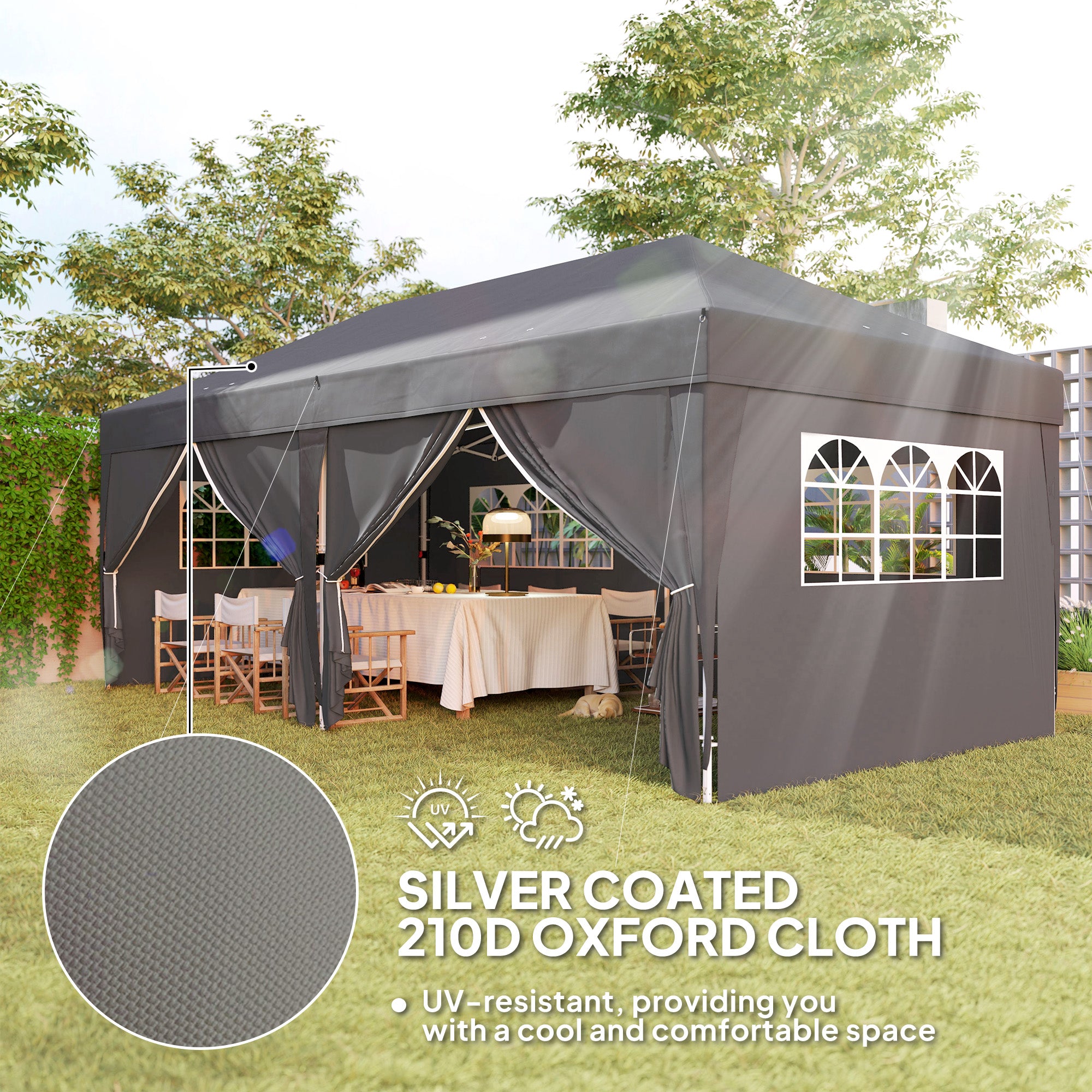 Outsunny 10' x 20' Pop Up Canopy with 6 Walls, Outdoor Easy Up Canopy Party Tent with Steel Frame, Drainage Holes, Instant Garden Shade Shelter with Carrying Bag, Black