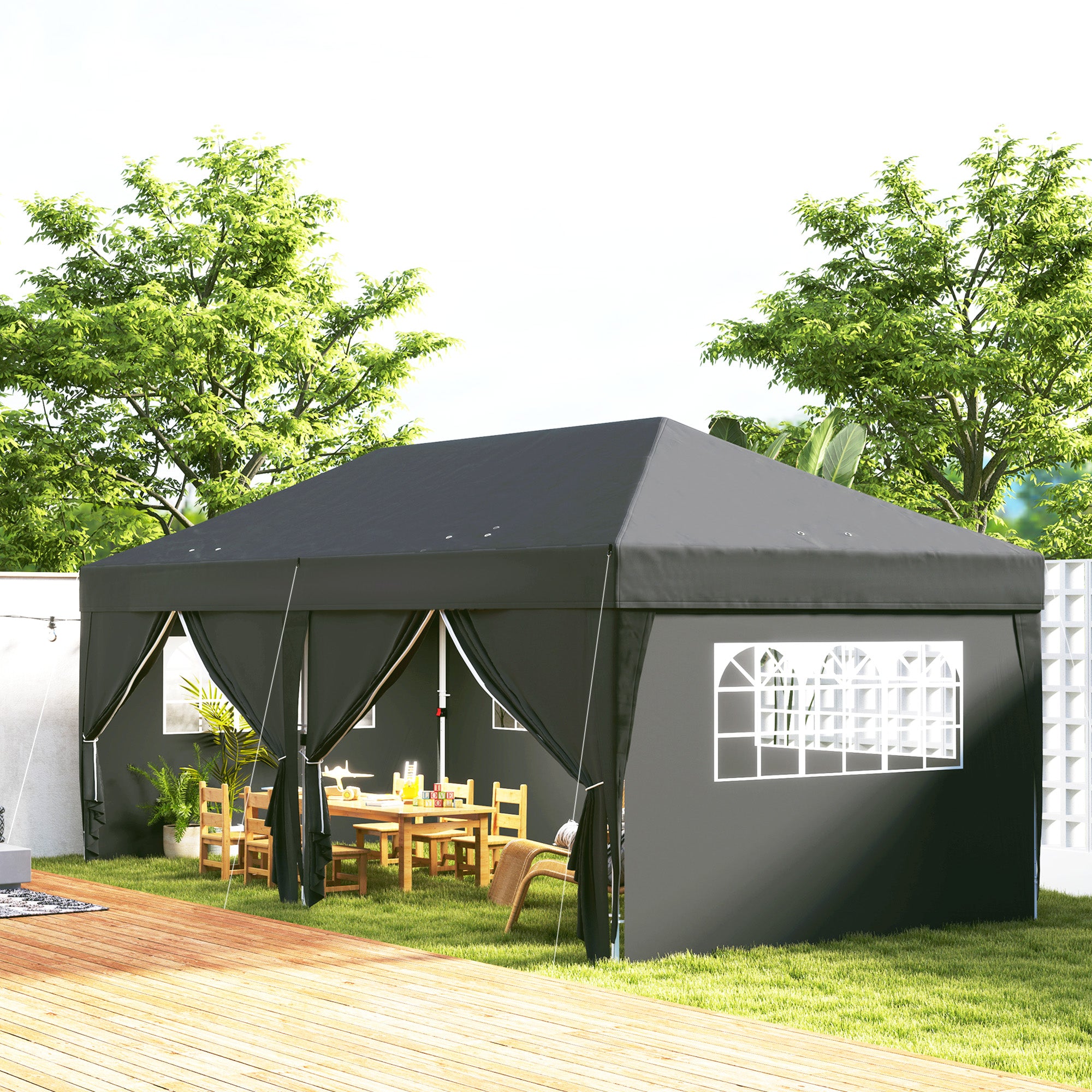 Outsunny 10' x 20' Pop Up Canopy with 6 Walls, Outdoor Easy Up Canopy Party Tent with Steel Frame, Drainage Holes, Instant Garden Shade Shelter with Carrying Bag, Black