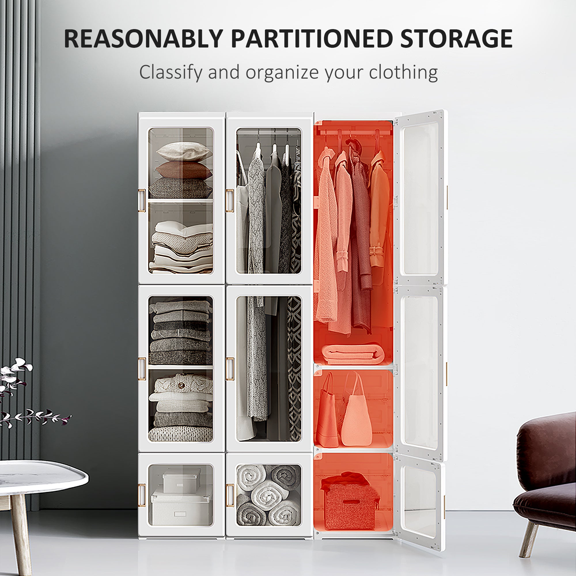 HOMCOM Portable Clothes Wardrobe for Bedroom, Foldable Clothes Organiser with Cube Storage, Hanging Rods, Magnet Doors, White