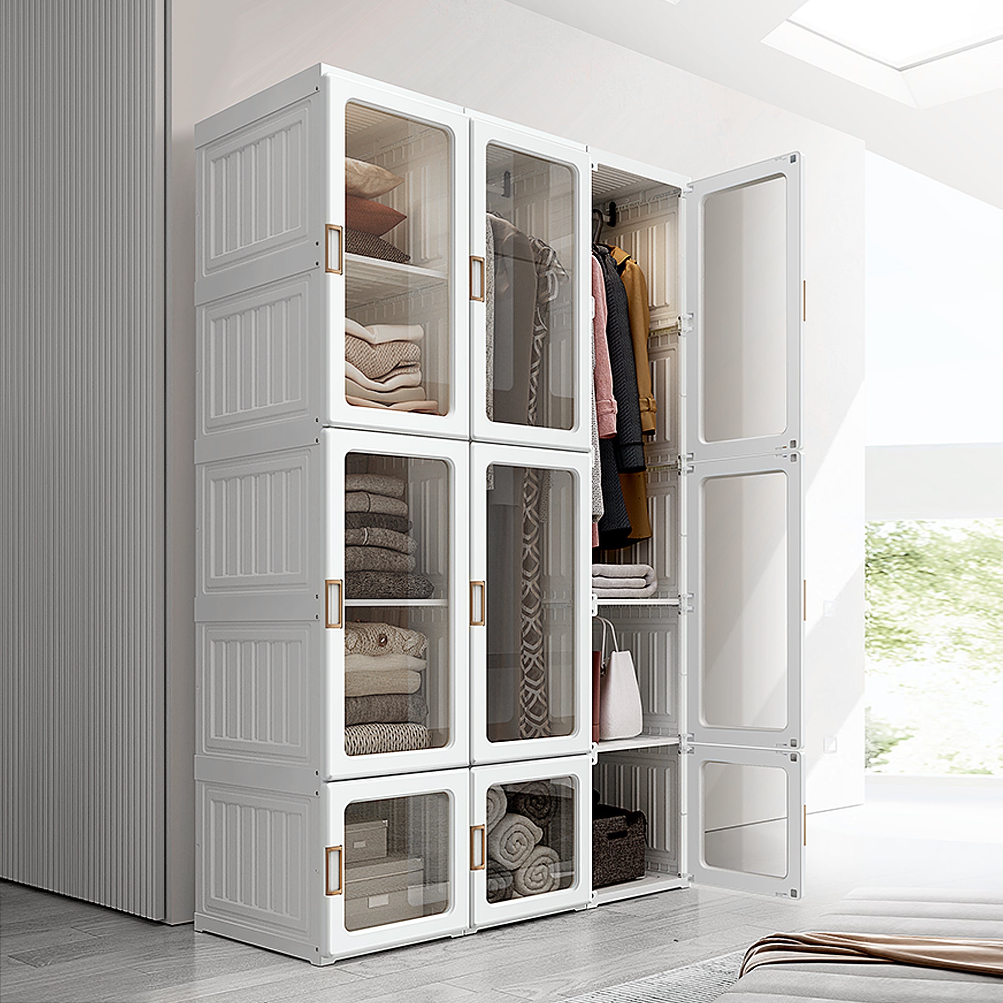 HOMCOM Portable Clothes Wardrobe for Bedroom, Foldable Clothes Organiser with Cube Storage, Hanging Rods, Magnet Doors, White