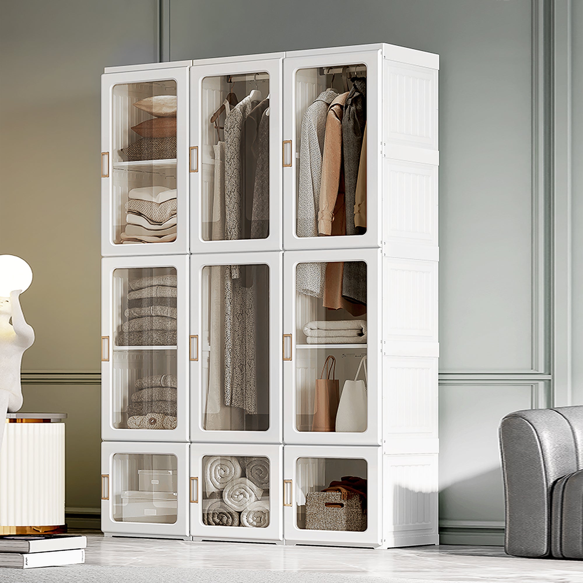 HOMCOM Portable Wardrobe Closet, Armoire, Foldable Clothes Organizer with Cube Storage, Hanging Rods, Magnet Doors, White