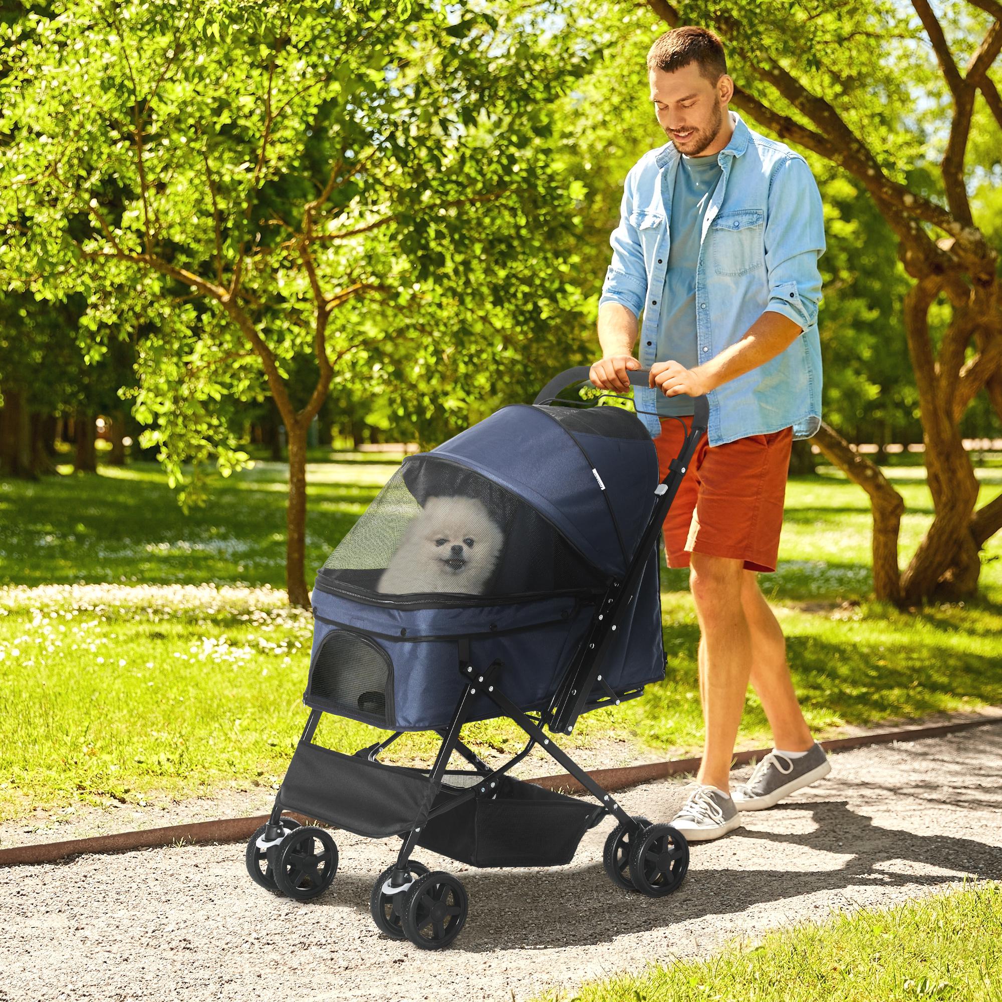 PawHut 4 Wheels Pet Stroller with Reversible Handle, Foldable Cat Dog Travel Carriage with EVA Wheel Brake, 3-stage Canopy, Mesh Window Door, Dark Blue