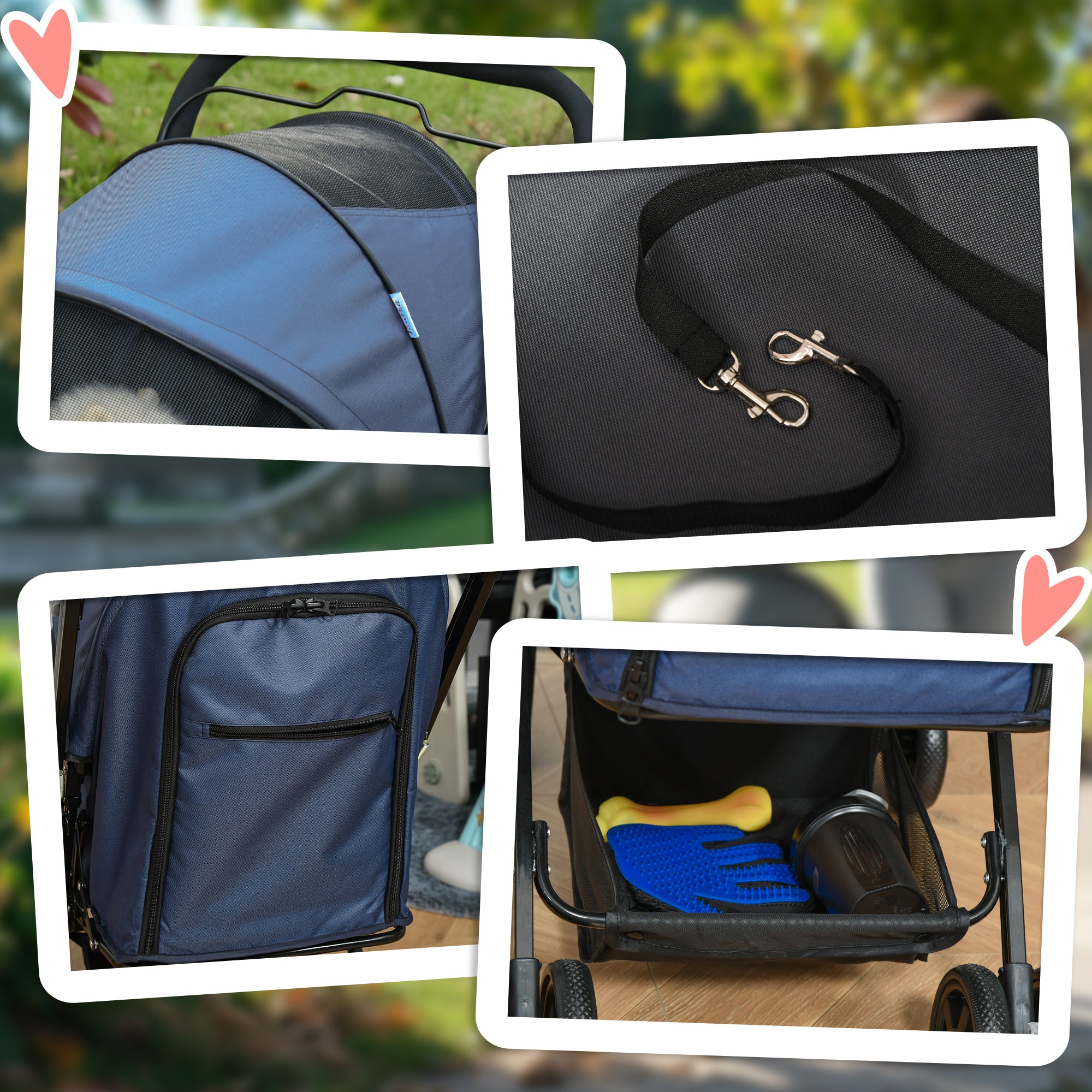 PawHut 4 Wheels Pet Stroller with Reversible Handle, Foldable Cat Dog Travel Carriage with EVA Wheel Brake, 3-stage Canopy, Mesh Window Door, Dark Blue