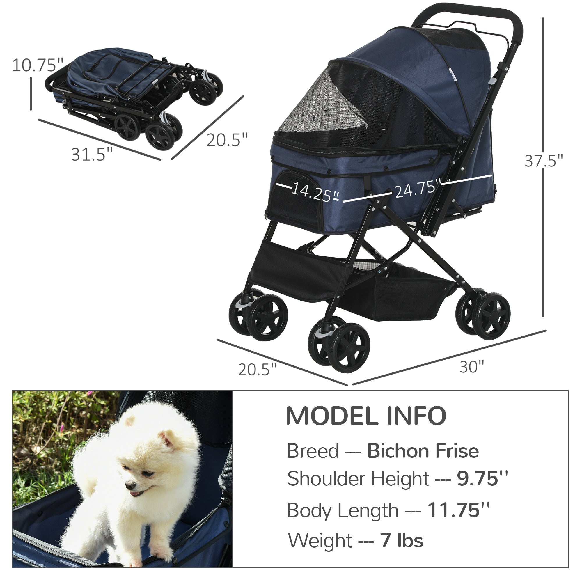 PawHut 4 Wheels Pet Stroller with Reversible Handle, Foldable Cat Dog Travel Carriage with EVA Wheel Brake, 3-stage Canopy, Mesh Window Door, Dark Blue