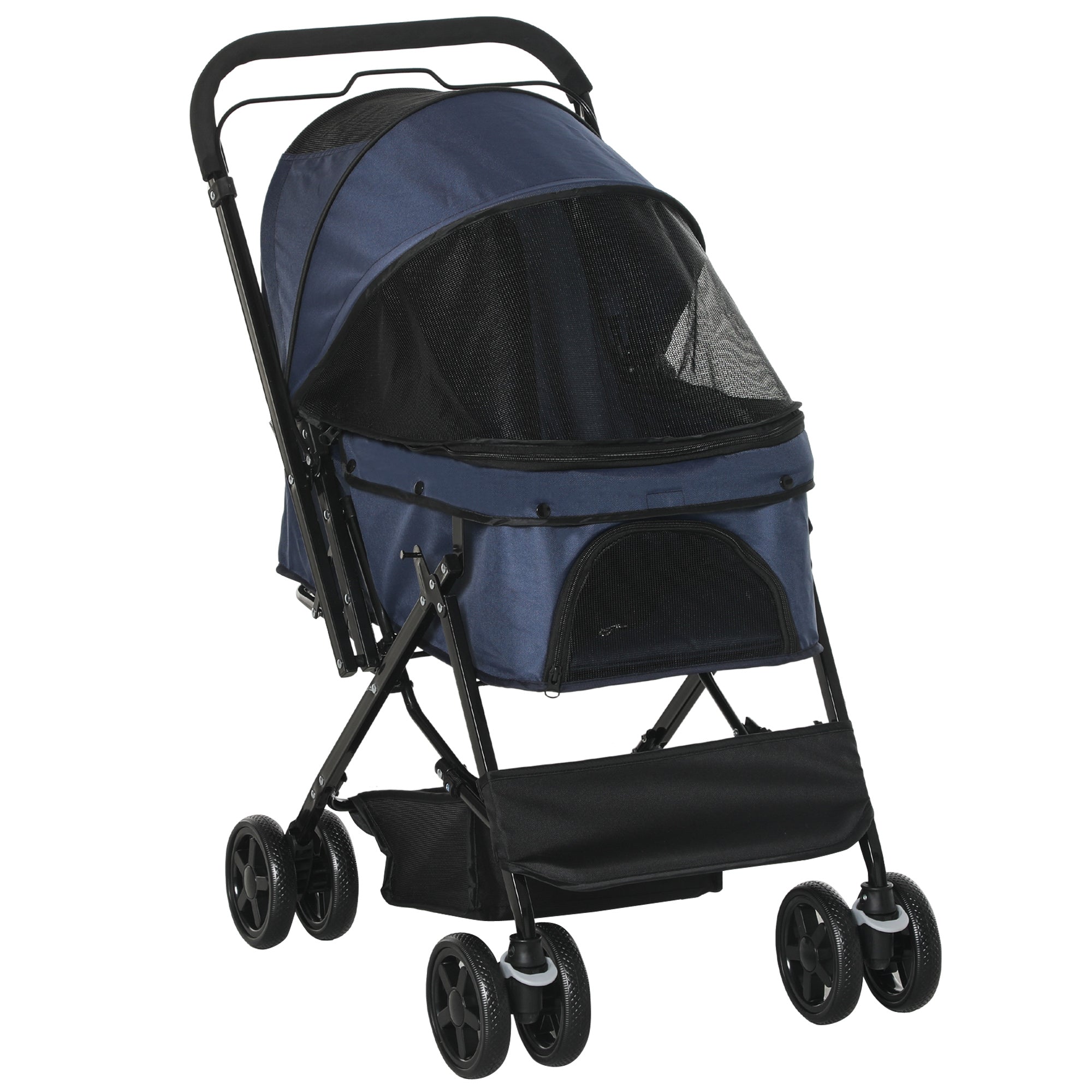 PawHut 4 Wheels Pet Stroller with Reversible Handle, Foldable Cat Dog Travel Carriage with EVA Wheel Brake, 3-stage Canopy, Mesh Window Door, Dark Blue