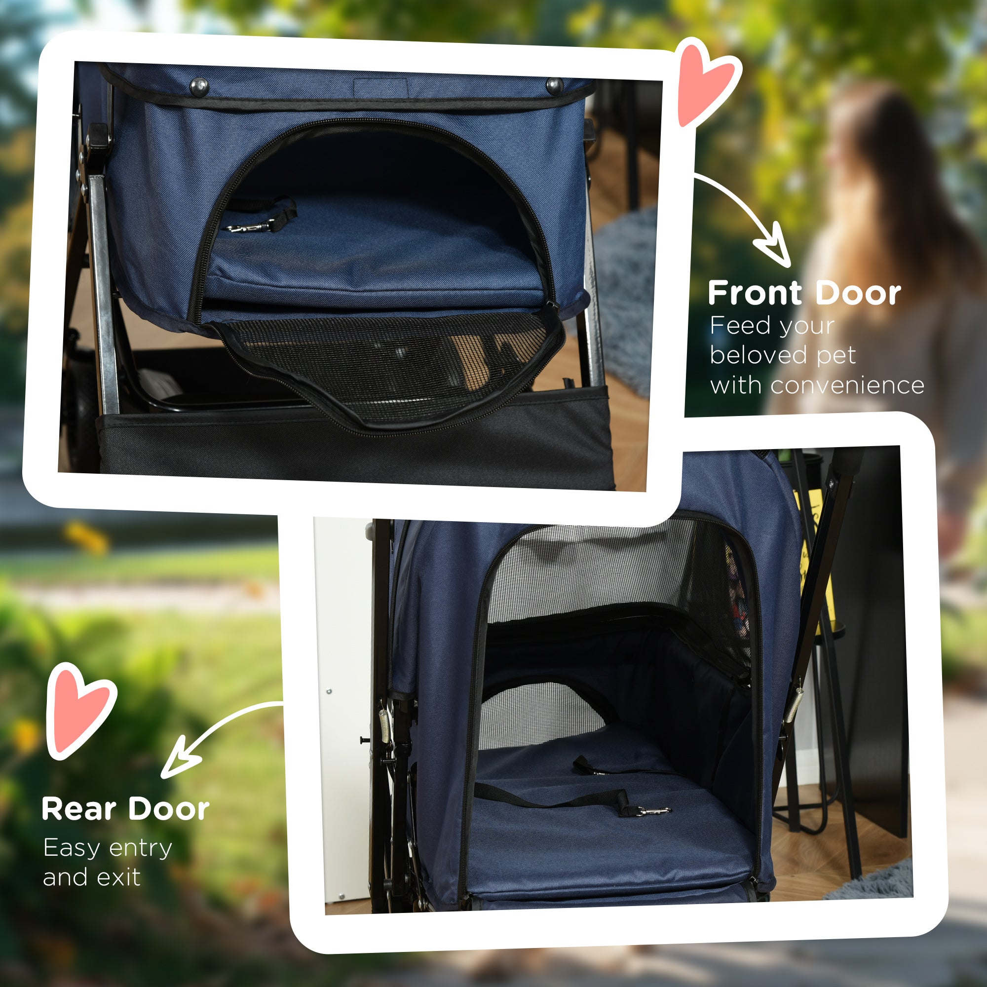 PawHut 4 Wheels Pet Stroller with Reversible Handle, Foldable Cat Dog Travel Carriage with EVA Wheel Brake, 3-stage Canopy, Mesh Window Door, Dark Blue
