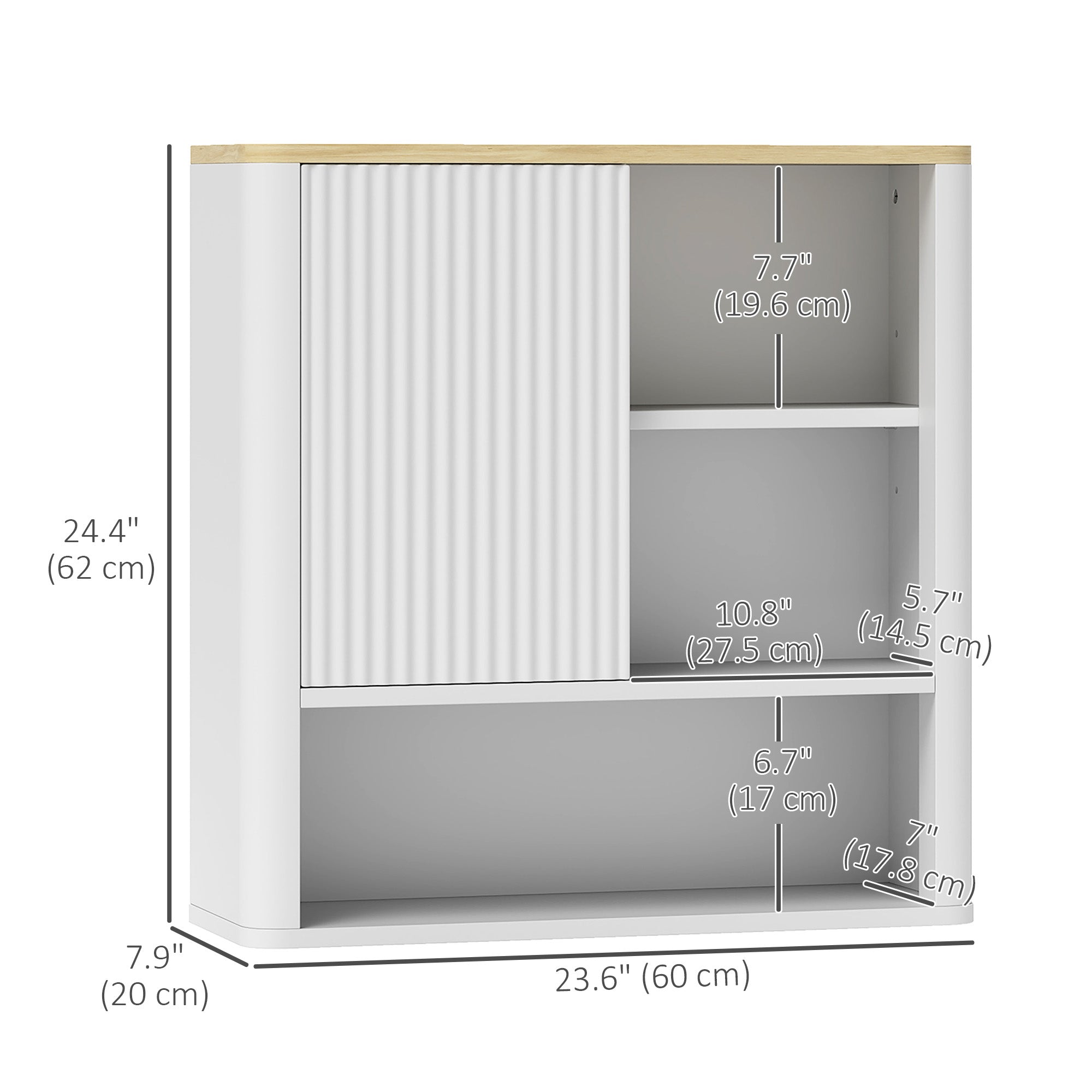 HOMCOM Medicine Cabinet with Adjustable Shelves, Bathroom Wall Cabinet with Fluted Panel Door, Bathroom Cabinet with Curved Profile Design, White