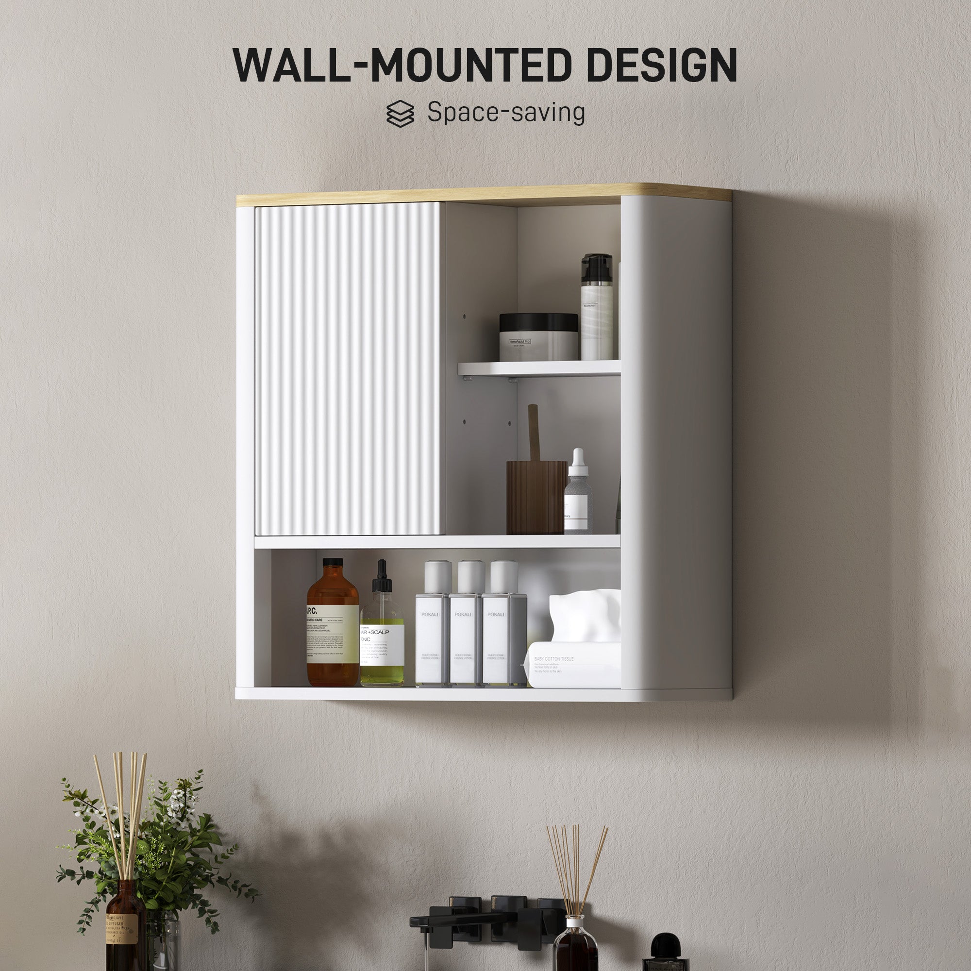 HOMCOM Medicine Cabinet with Adjustable Shelves, Bathroom Wall Cabinet with Fluted Panel Door, Bathroom Cabinet with Curved Profile Design, White