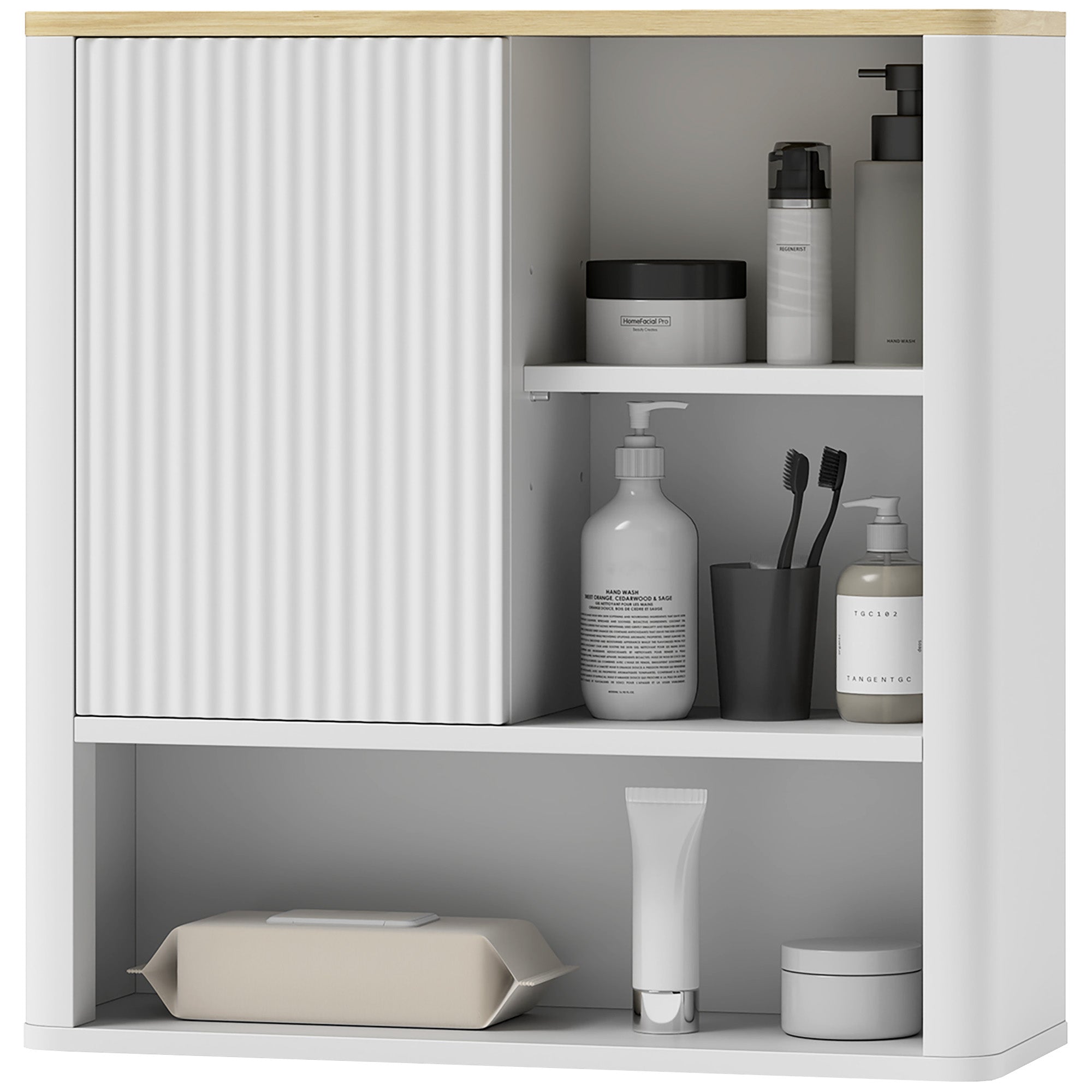 HOMCOM Medicine Cabinet with Adjustable Shelves, Bathroom Wall Cabinet with Fluted Panel Door, Bathroom Cabinet with Curved Profile Design, White