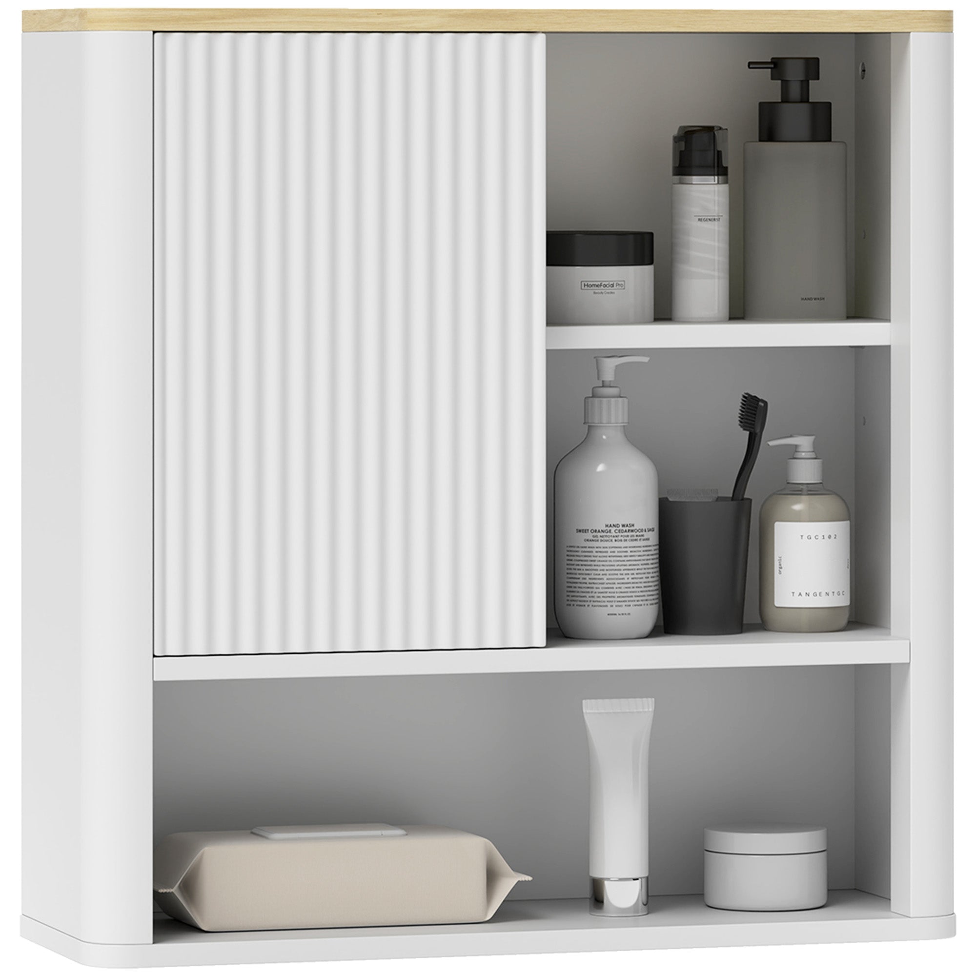 HOMCOM Medicine Cabinet with Adjustable Shelves, Bathroom Wall Cabinet with Fluted Panel Door, Bathroom Cabinet with Curved Profile Design, White