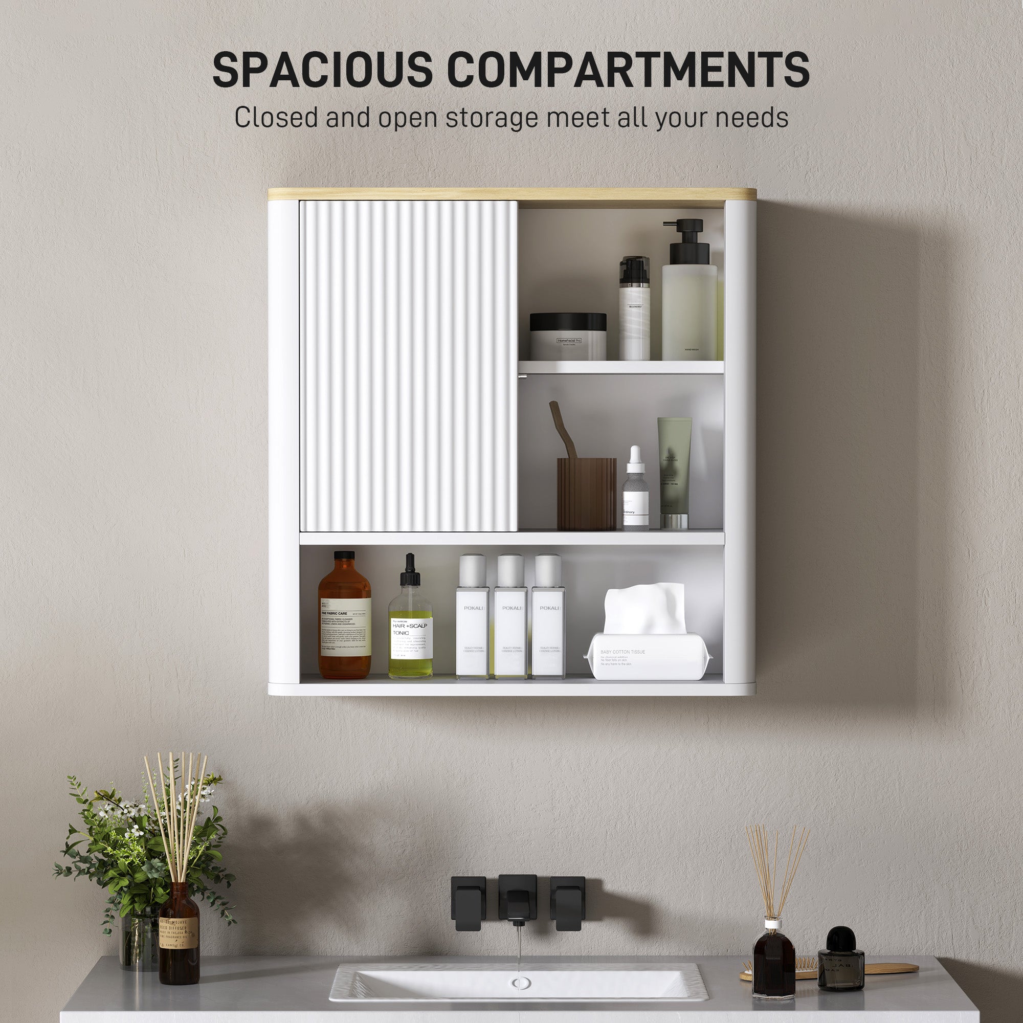HOMCOM Medicine Cabinet with Adjustable Shelves, Bathroom Wall Cabinet with Fluted Panel Door, Bathroom Cabinet with Curved Profile Design, White