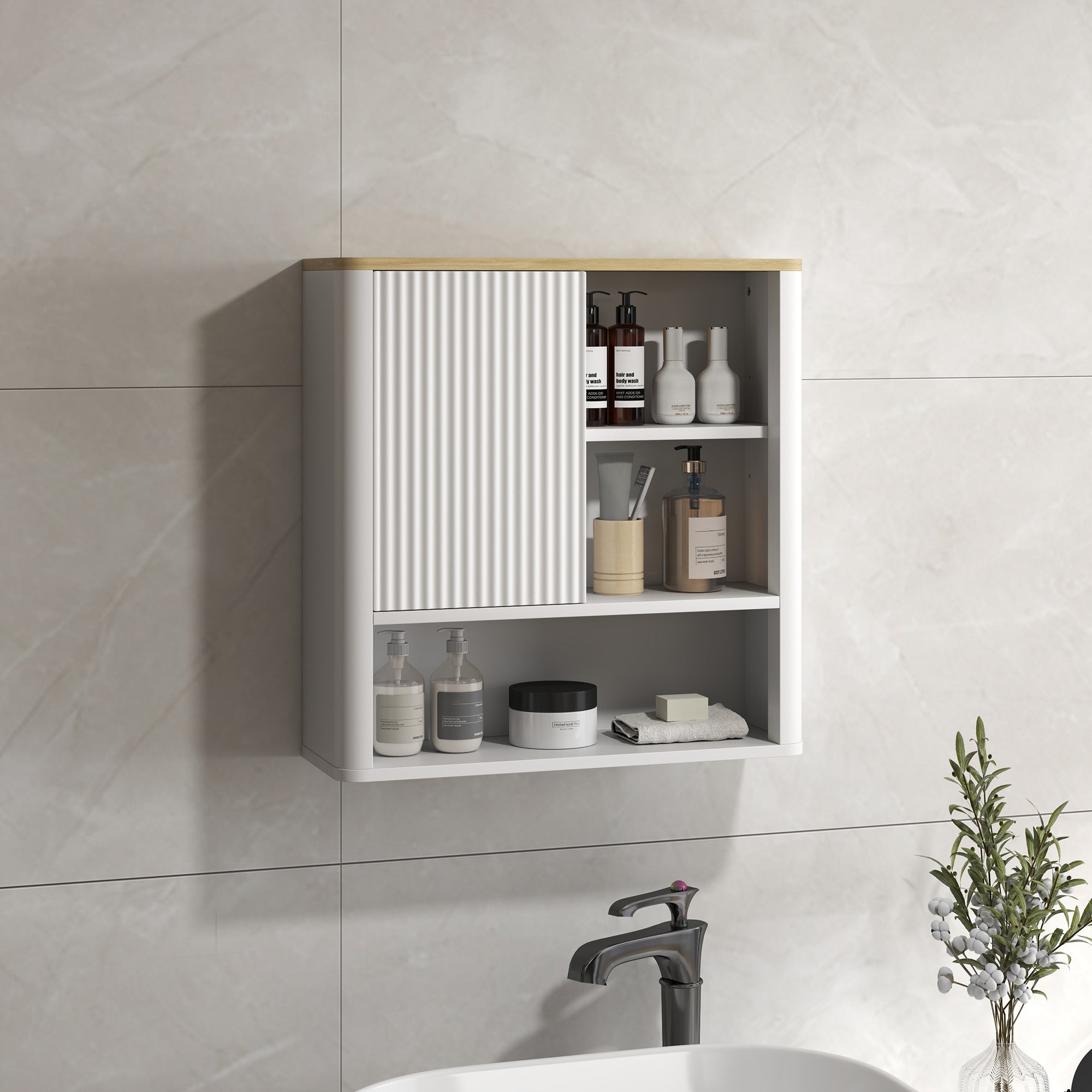 HOMCOM Medicine Cabinet with Adjustable Shelves, Bathroom Wall Cabinet with Fluted Panel Door, Bathroom Cabinet with Curved Profile Design, White