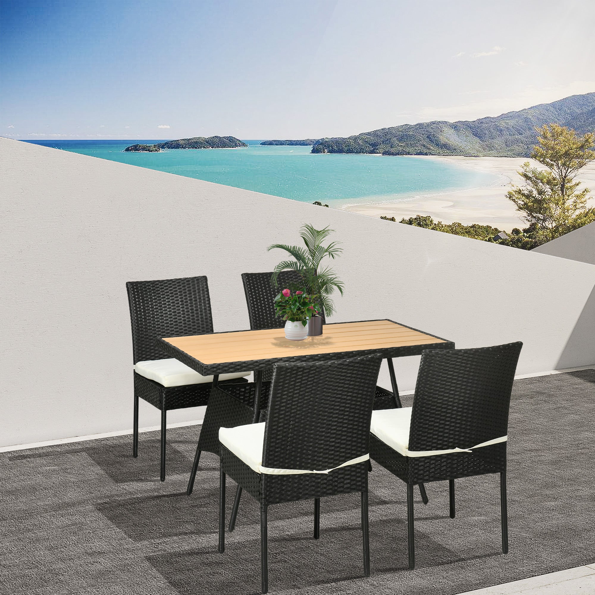 Outsunny 5 Pieces Wicker Patio Dining Set Outdoor Furniture Set with Removable Cushions, WPC Top Dining Table, PE Rattan Conversation Set for Garden Poolside Backyard, Cream White