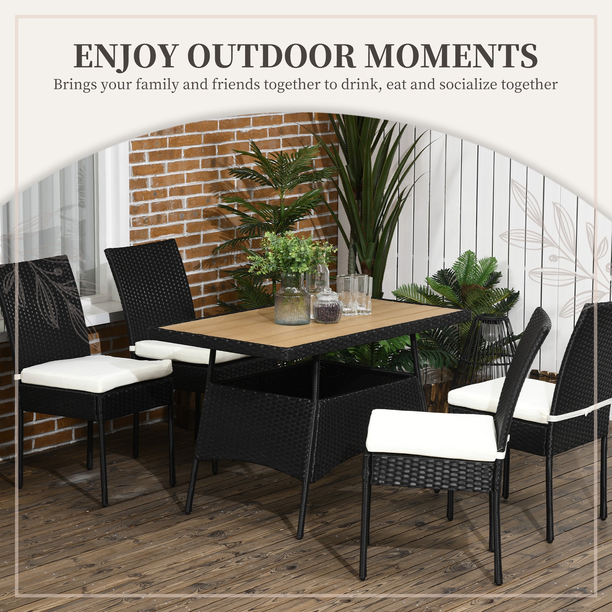 Outsunny 5 Pieces Wicker Patio Dining Set Outdoor Furniture Set with Removable Cushions, WPC Top Dining Table, PE Rattan Conversation Set for Garden Poolside Backyard, Cream White