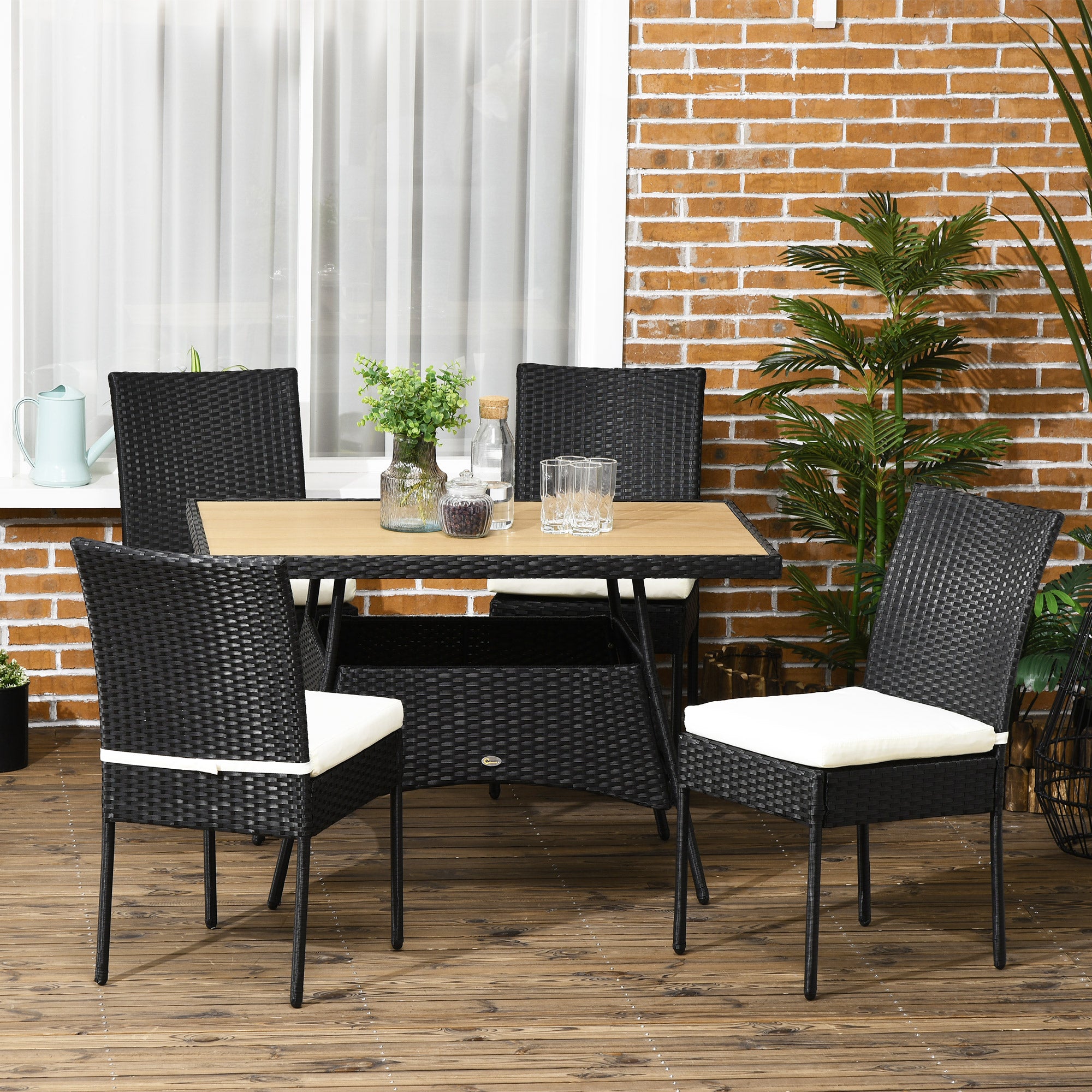 Outsunny 5 Pieces Wicker Patio Dining Set Outdoor Furniture Set with Removable Cushions, WPC Top Dining Table, PE Rattan Conversation Set for Garden Poolside Backyard, Cream White