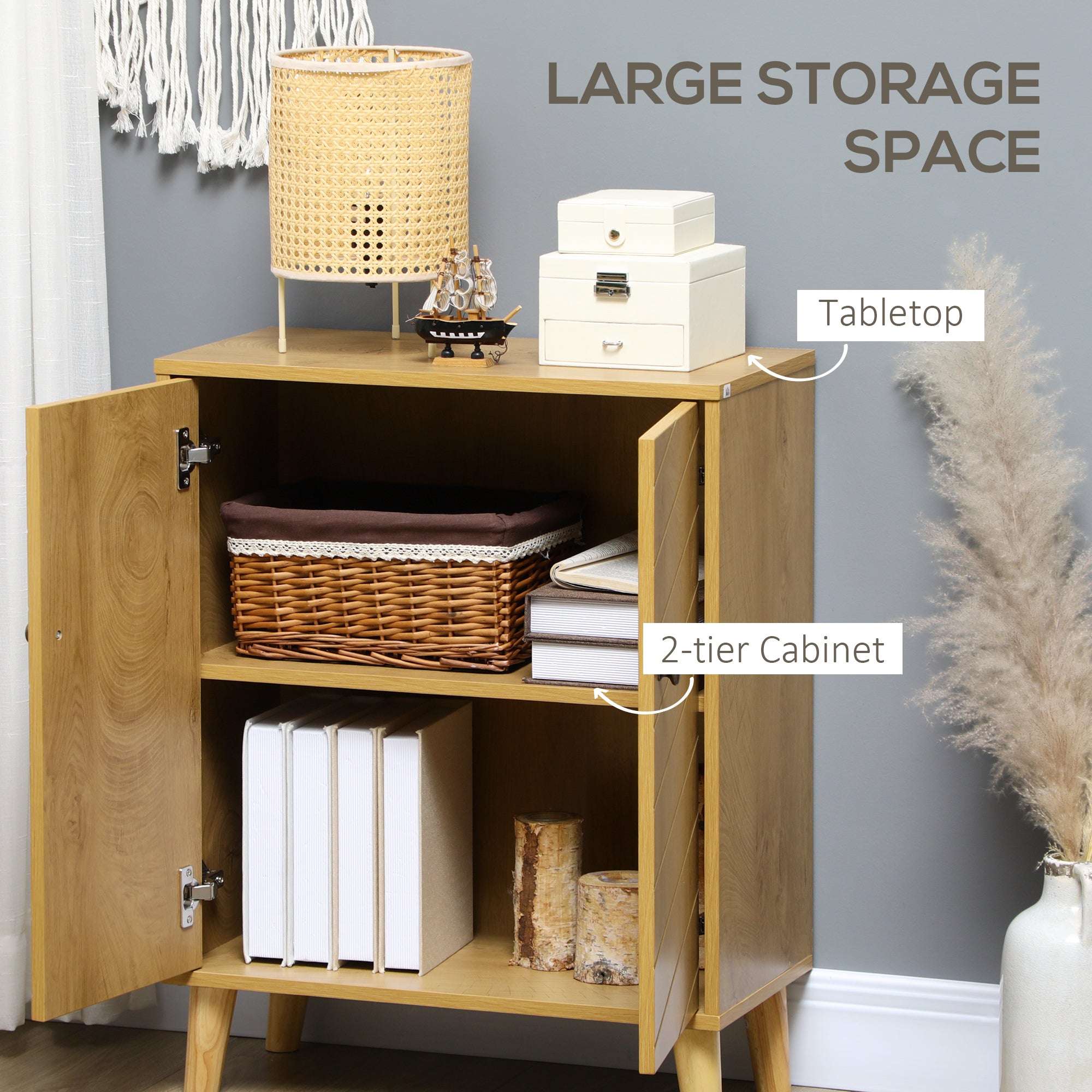 HOMCOM Storage Cabinet, Vintage Kitchen Cabinet with Shelf, Chevron Doors, Soft Close Hinges and Wooden Legs, Natural