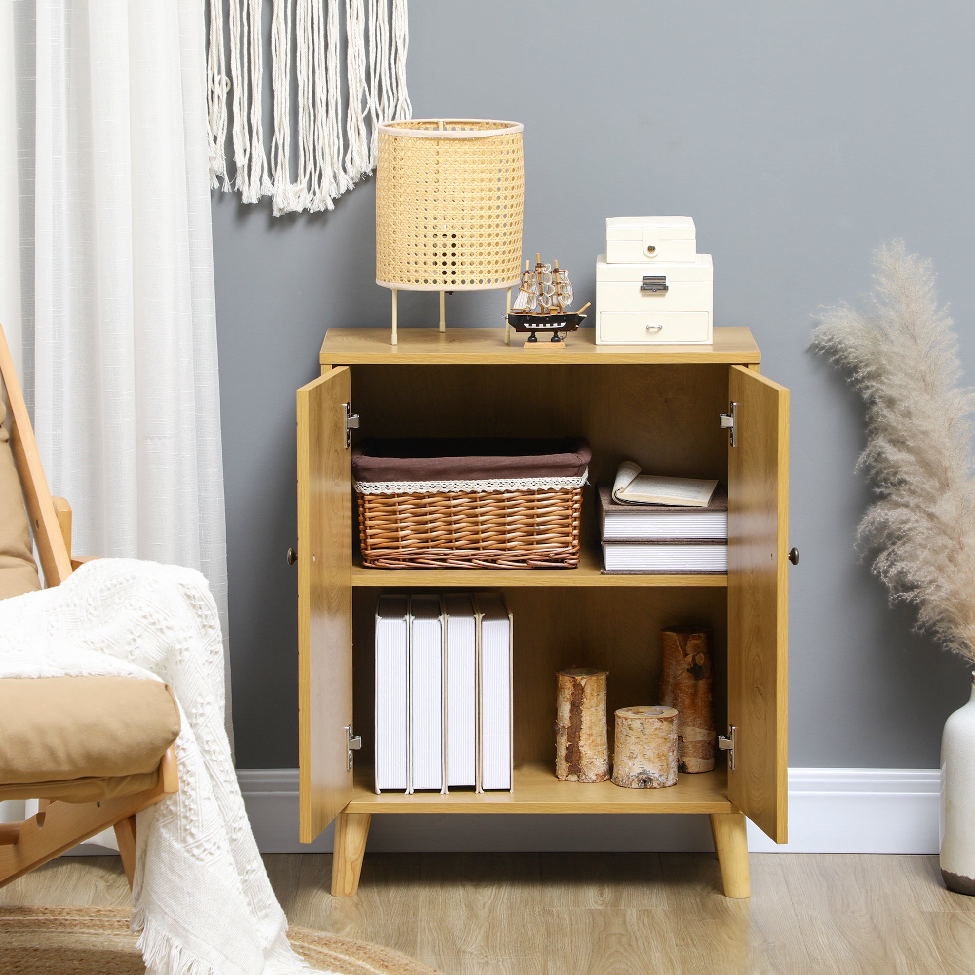 HOMCOM Storage Cabinet, Vintage Kitchen Cabinet with Shelf, Chevron Doors, Soft Close Hinges and Wooden Legs, Natural