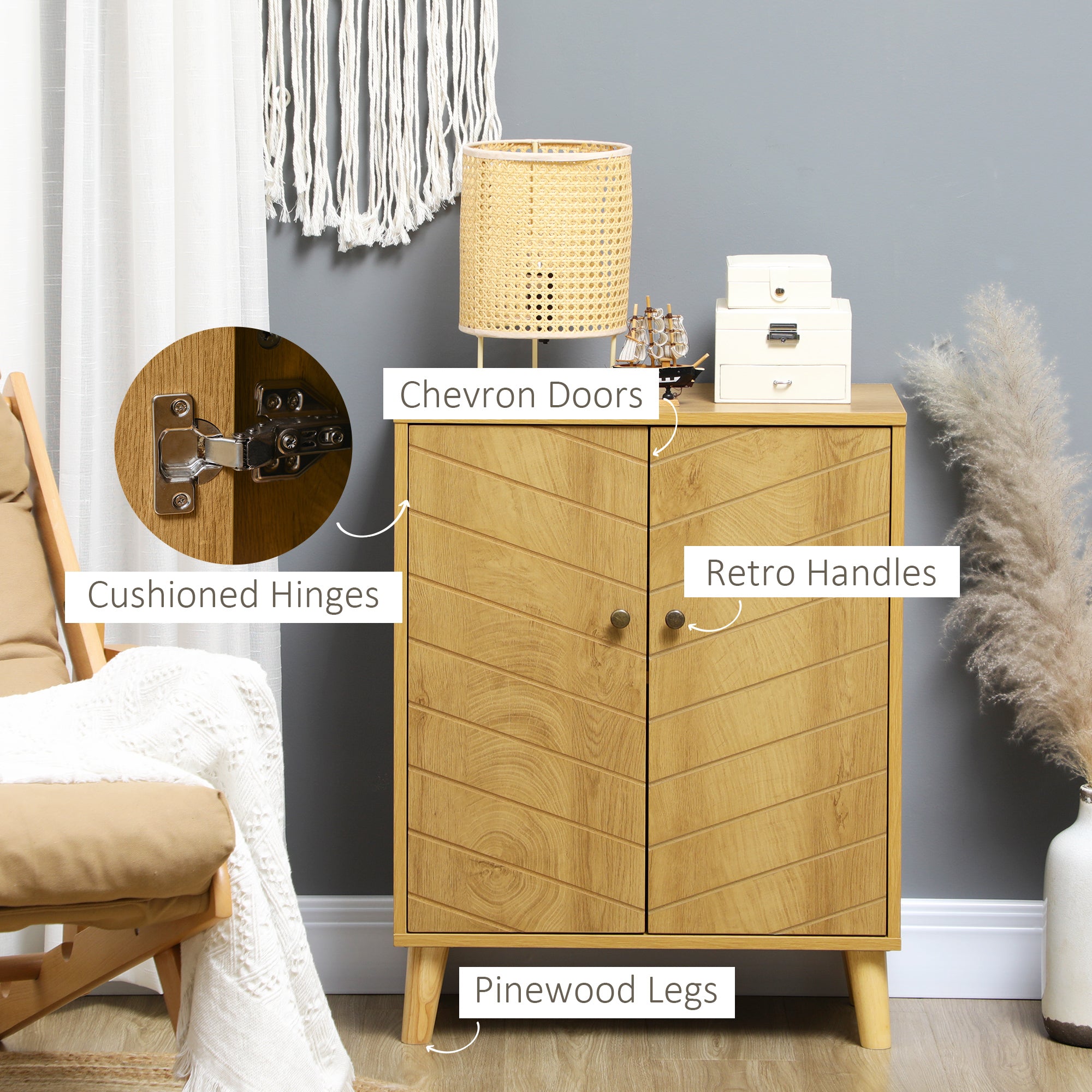 HOMCOM Storage Cabinet, Vintage Kitchen Cabinet with Shelf, Chevron Doors, Soft Close Hinges and Wooden Legs, Natural