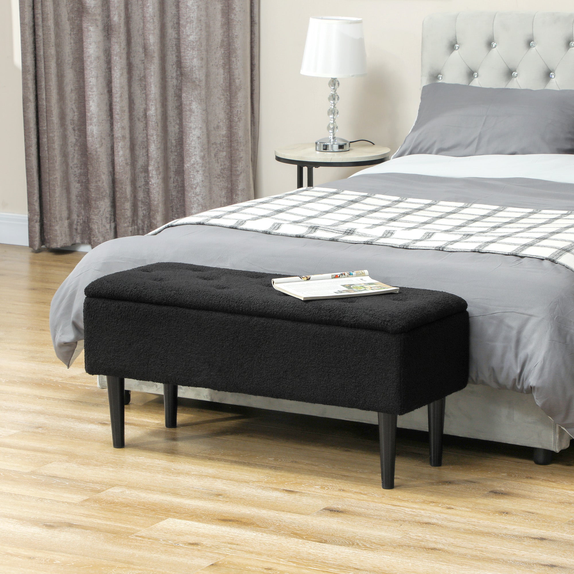 HOMCOM 37 Inch Modern Ottoman with Storage and Wooden Legs, Storage Ottoman with Teddy Velvet Upholstery, for Living Room, Bedroom, Black
