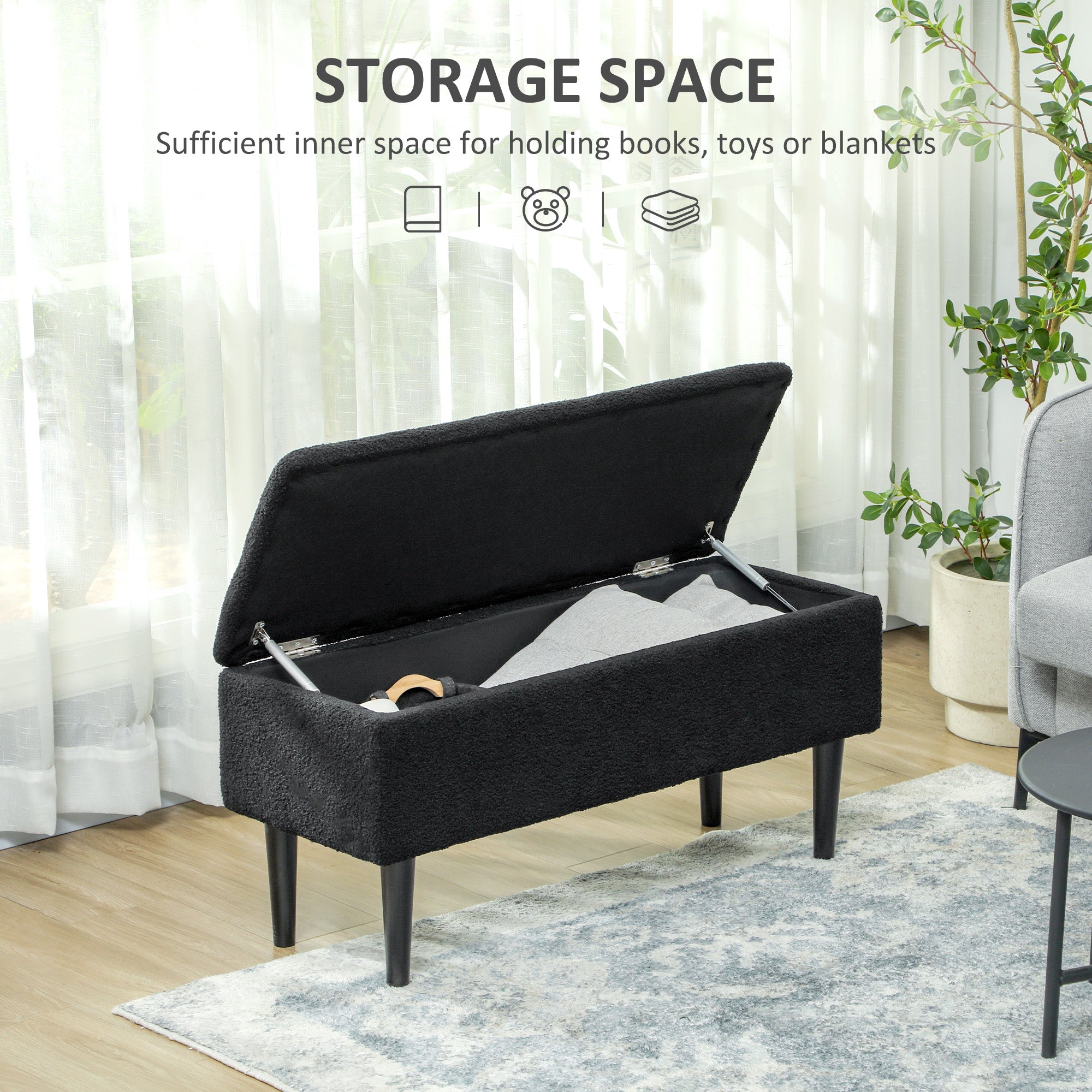 HOMCOM 37 Inch Modern Ottoman with Storage and Wooden Legs, Storage Ottoman with Teddy Velvet Upholstery, for Living Room, Bedroom, Black