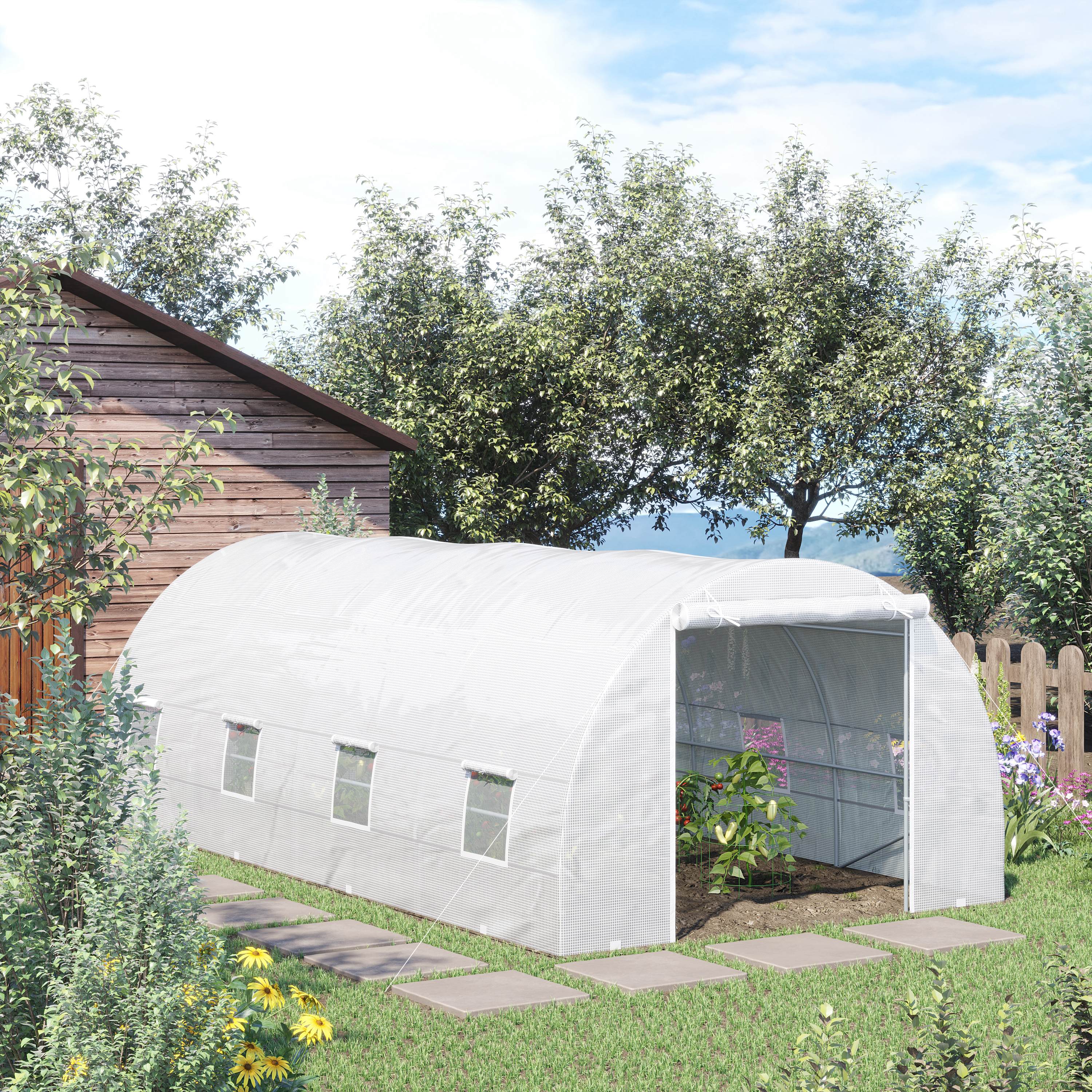 Outsunny 20x10x7ft Heavy Duty Tunnel Walk-in Greenhouse Outdoor Backyard Seed Plant Vegetables Grow Warm House White