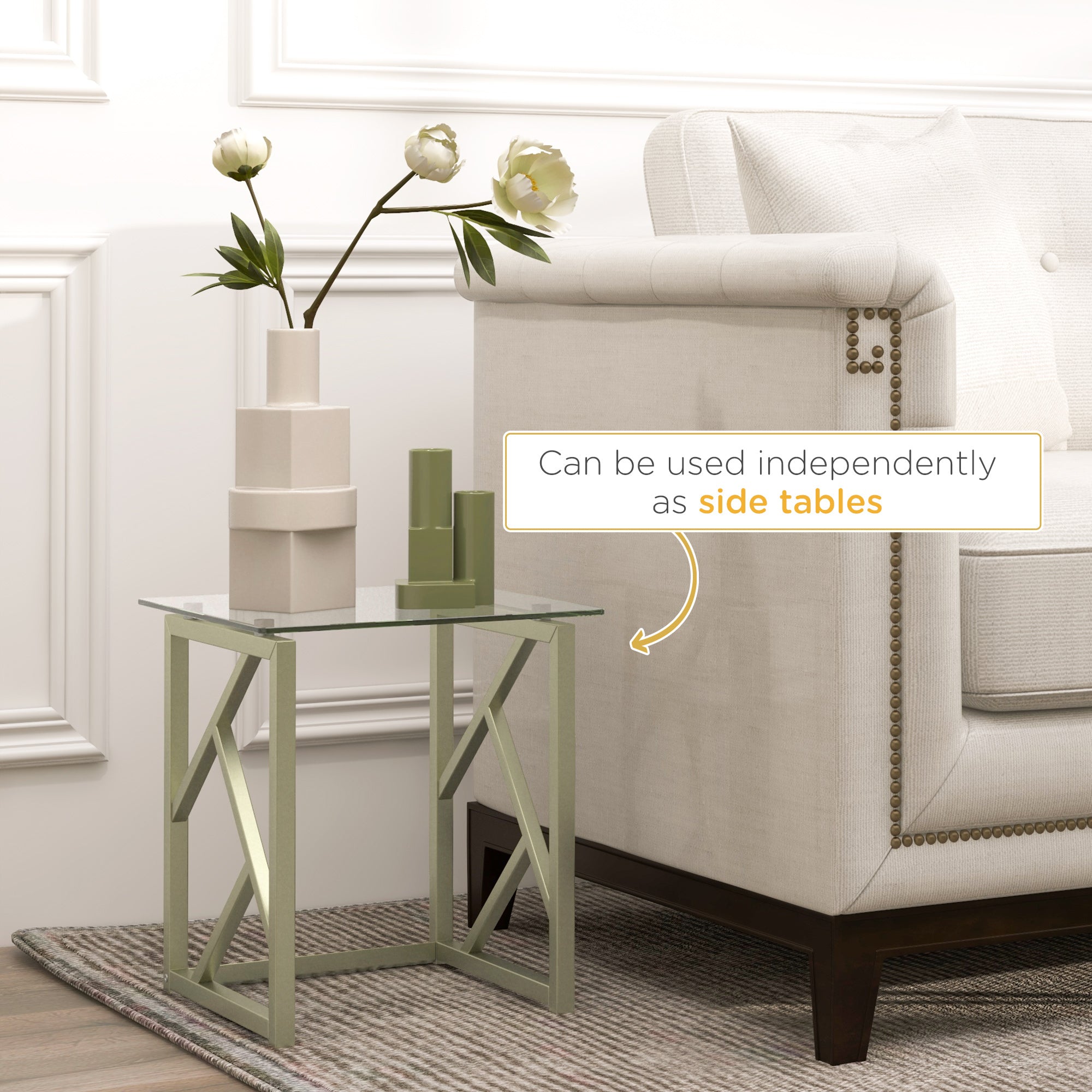 HOMCOM Coffee Table Set of 3, Nesting Tables, Modern Side Tables with Tempered Glass Top and Steel Frame for Living Room, Small Space, Brushed Gold