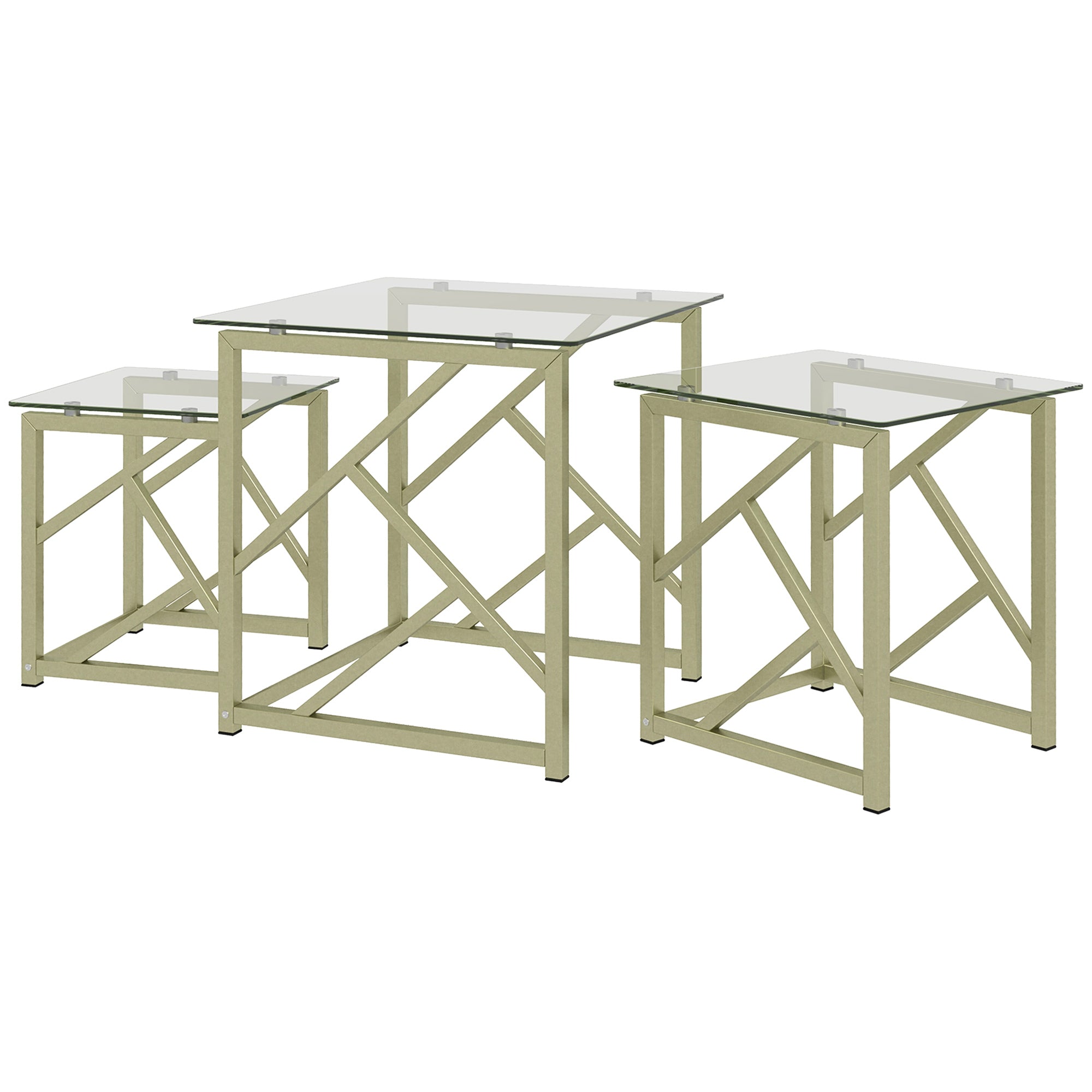 HOMCOM Coffee Table Set of 3, Nesting Tables, Modern Side Tables with Tempered Glass Top and Steel Frame for Living Room, Small Space, Brushed Gold