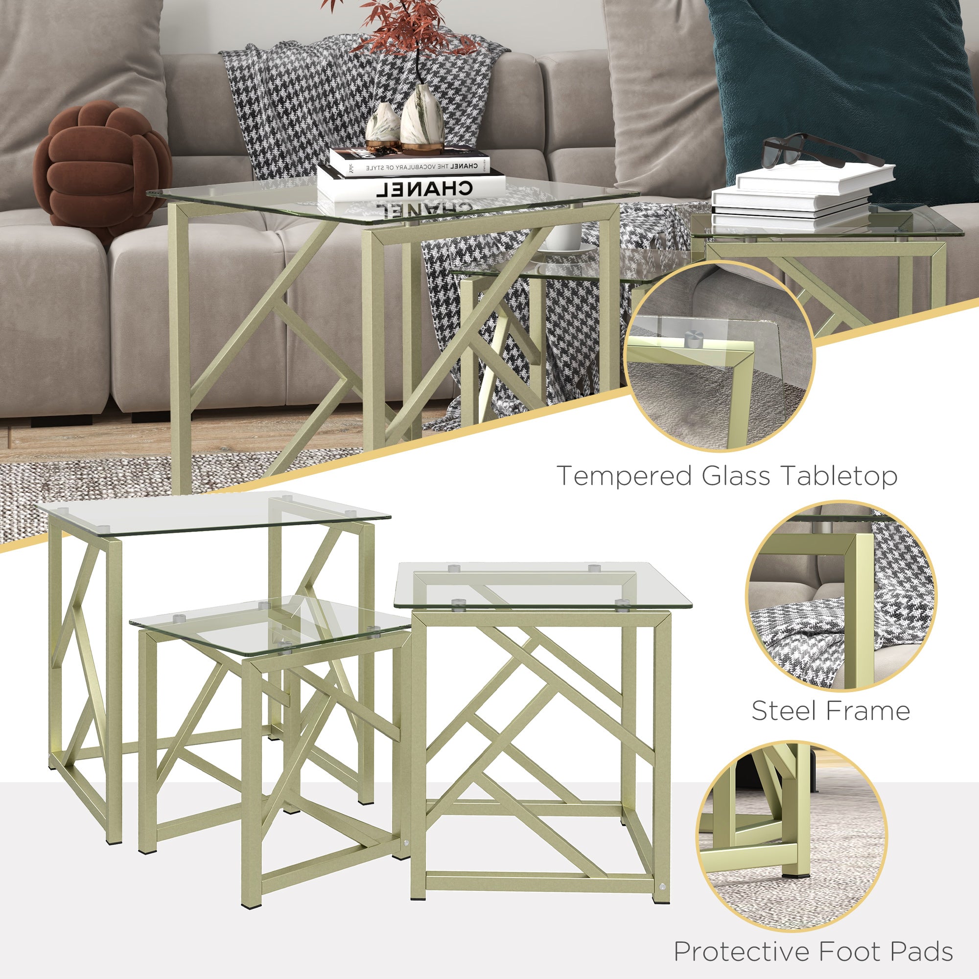 HOMCOM Coffee Table Set of 3, Nesting Tables, Modern Side Tables with Tempered Glass Top and Steel Frame for Living Room, Small Space, Brushed Gold