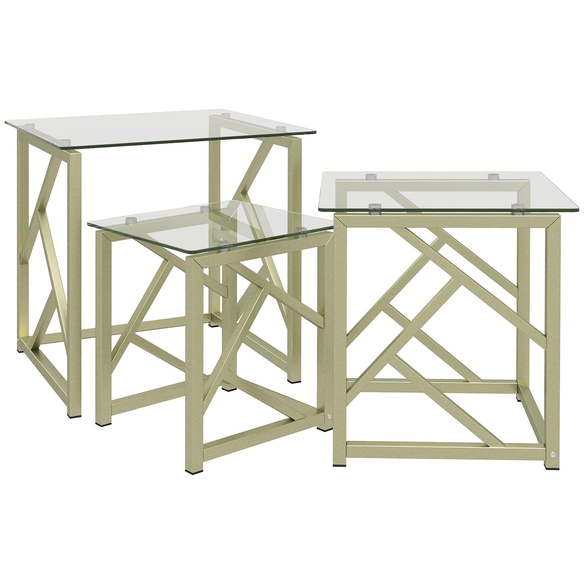 HOMCOM Coffee Table Set of 3, Nesting Tables, Modern Side Tables with Tempered Glass Top and Steel Frame for Living Room, Small Space, Brushed Gold
