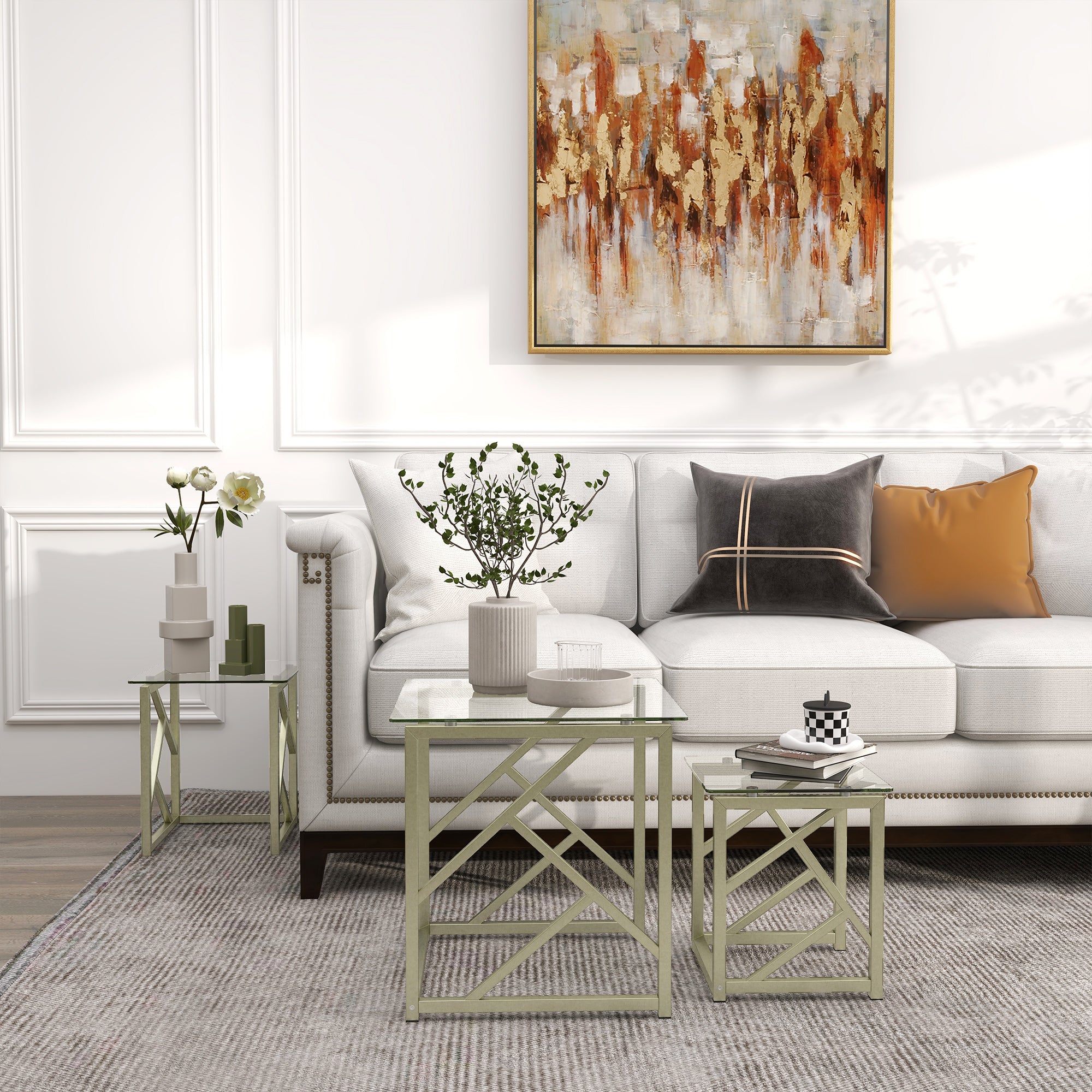 HOMCOM Coffee Table Set of 3, Nesting Tables, Modern Side Tables with Tempered Glass Top and Steel Frame for Living Room, Small Space, Brushed Gold