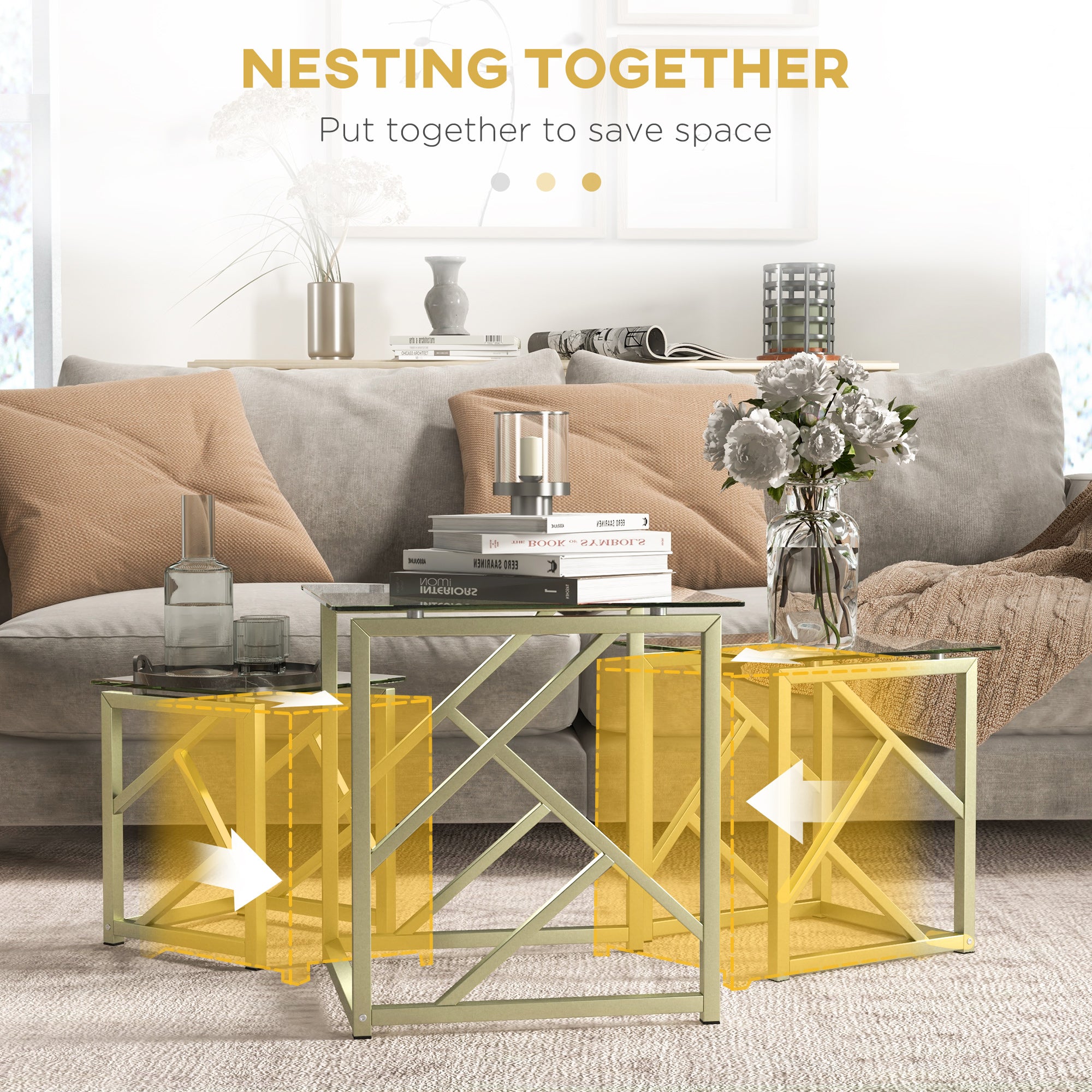 HOMCOM Coffee Table Set of 3, Nesting Tables, Modern Side Tables with Tempered Glass Top and Steel Frame for Living Room, Small Space, Brushed Gold