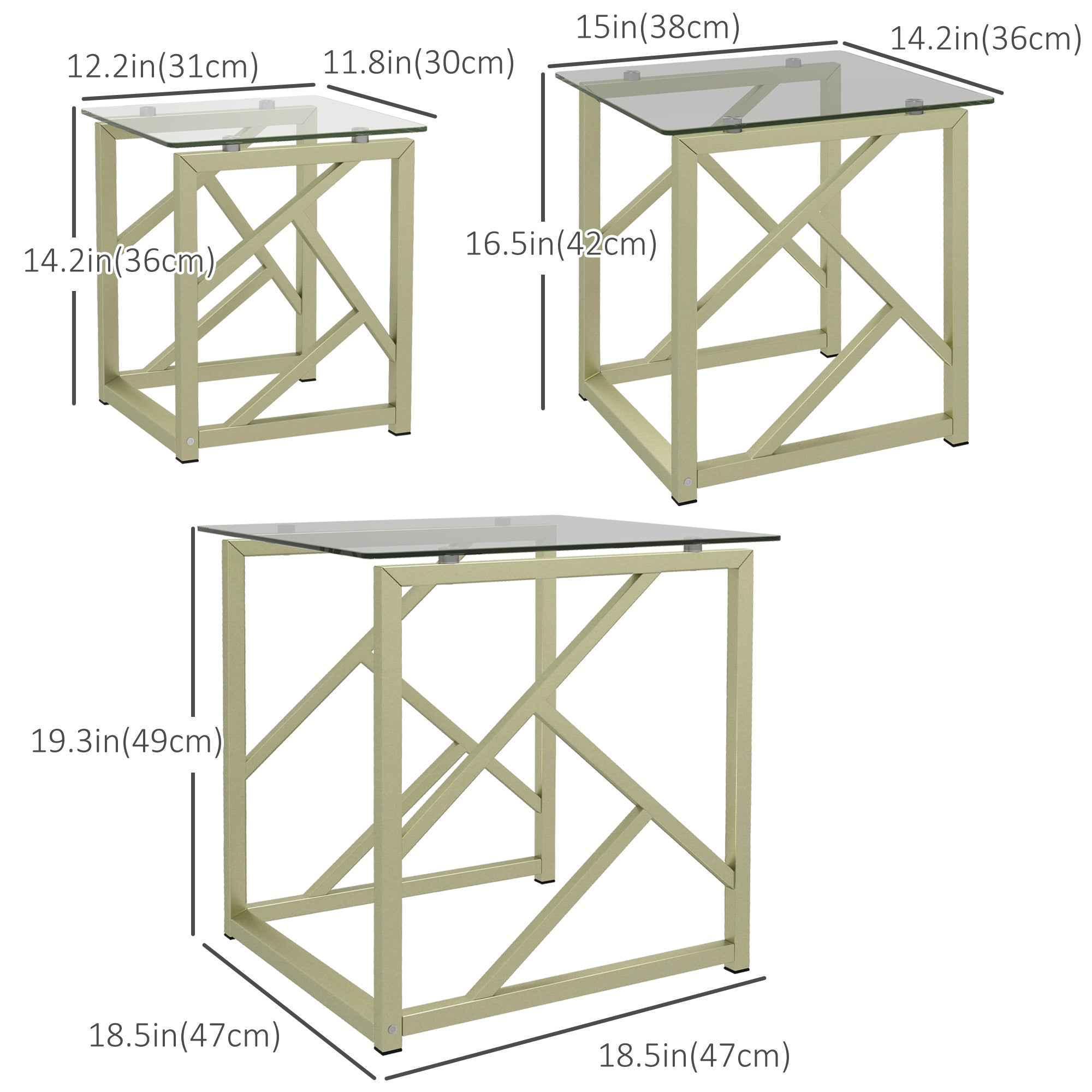 HOMCOM Coffee Table Set of 3, Nesting Tables, Modern Side Tables with Tempered Glass Top and Steel Frame for Living Room, Small Space, Brushed Gold
