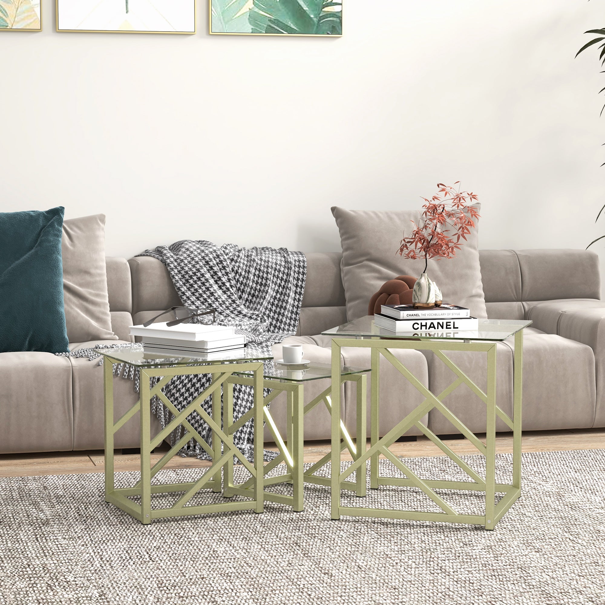 HOMCOM Coffee Table Set of 3, Nesting Tables, Modern Side Tables with Tempered Glass Top and Steel Frame for Living Room, Small Space, Brushed Gold