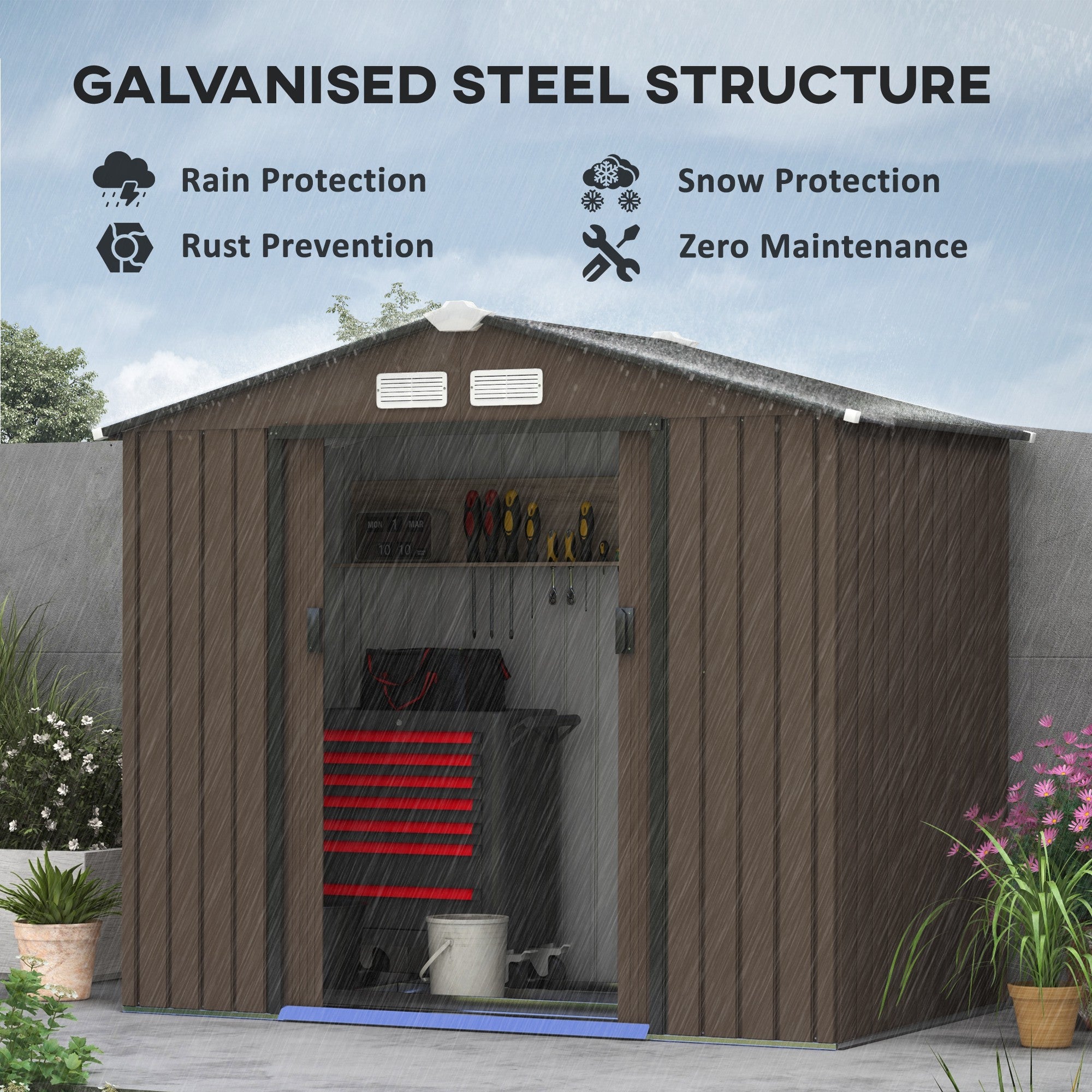Outsunny 7' x 4' x 6' Garden Storage Shed Outdoor Patio Yard Metal Tool Storage House w/ Steel Foundation Kit and Double Doors, Brown