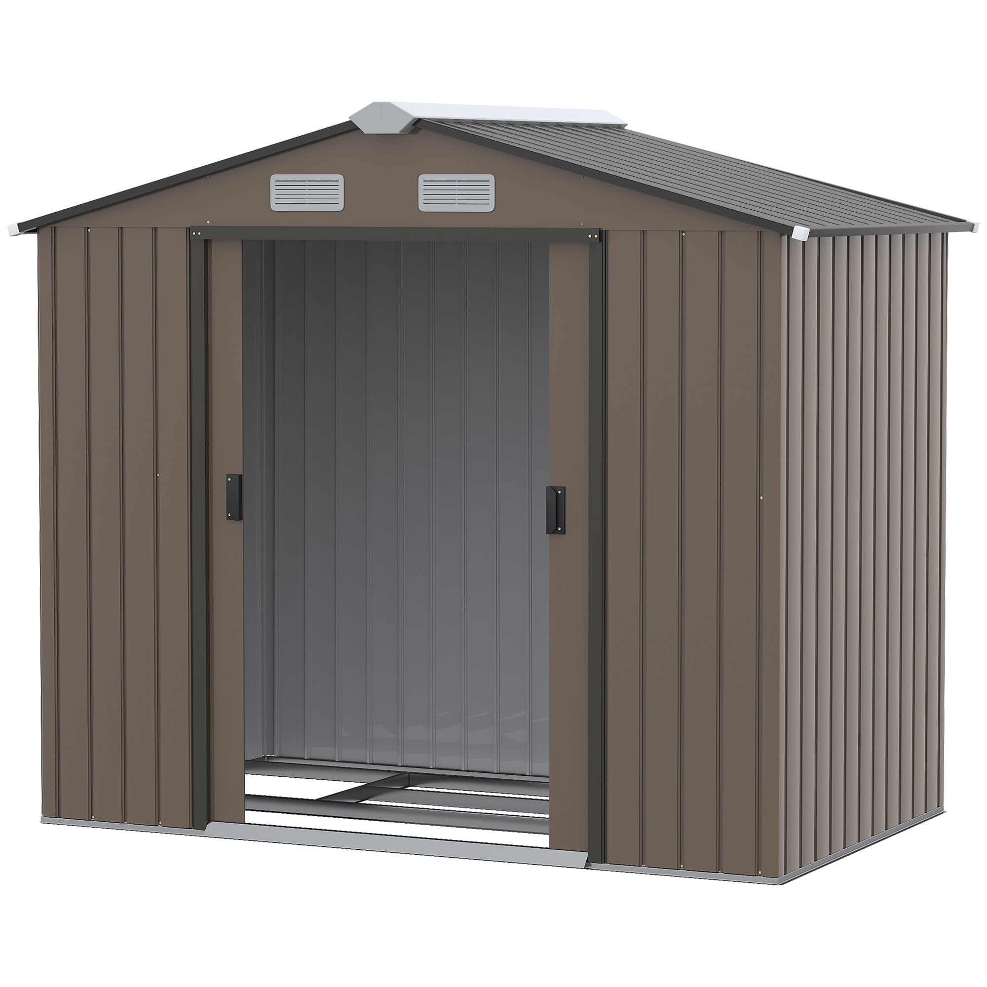 Outsunny 7' x 4' x 6' Garden Storage Shed Outdoor Patio Yard Metal Tool Storage House w/ Steel Foundation Kit and Double Doors, Brown
